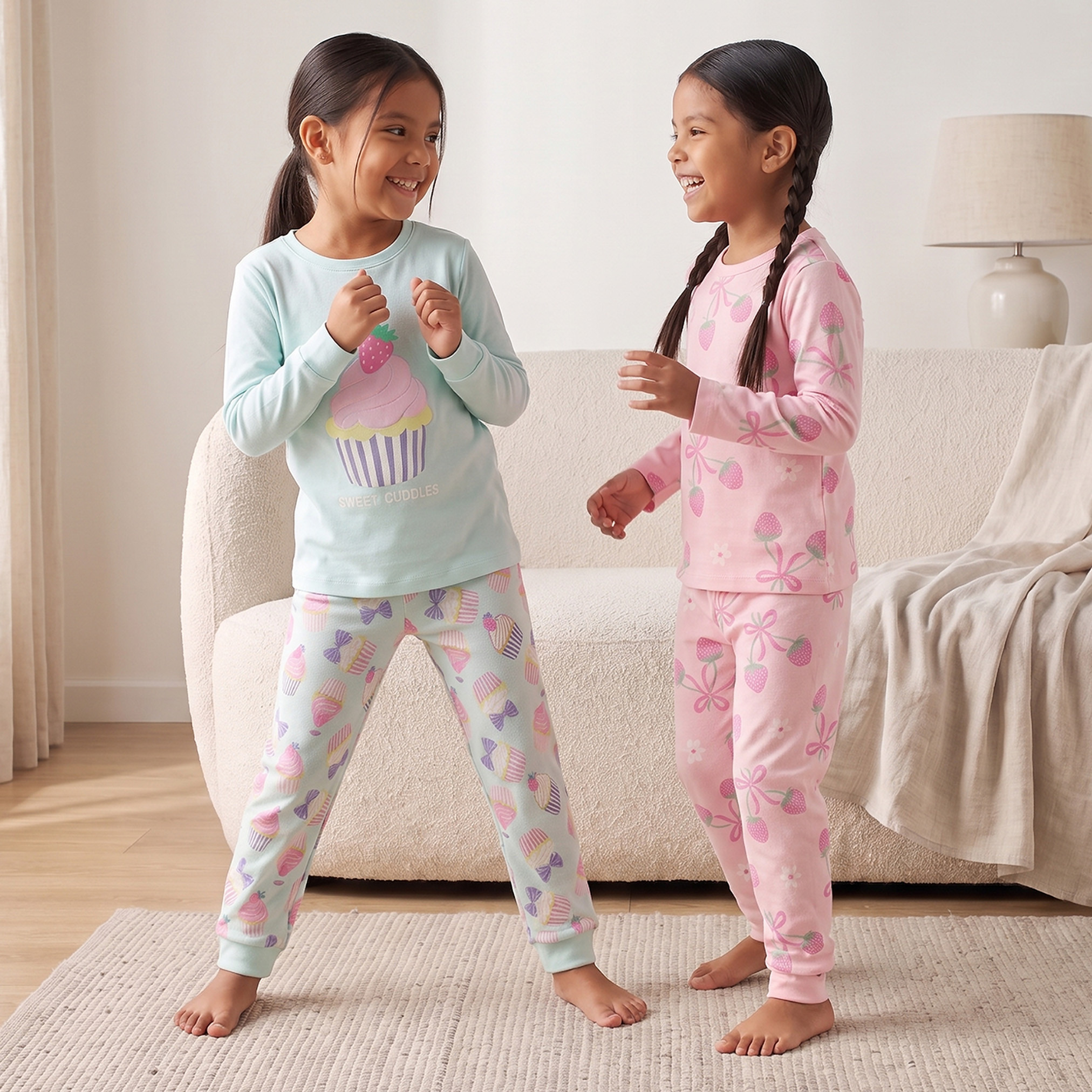 طقم بيجاما من القطن بياقة ضيقة وأكمام طويلة بطبعات متنوعة من جونيورز - عبوة من قطعتين-girls-clothing-nightwear-image-1
