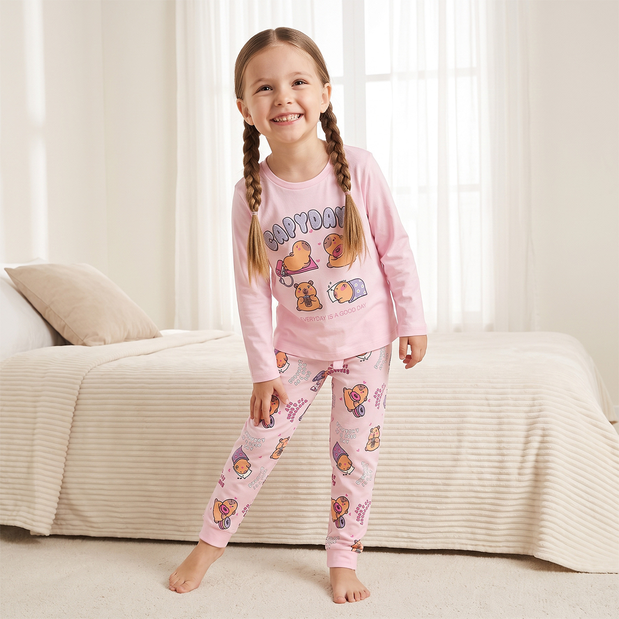 طقم بيجاما قطن بياقة مستديرة وأكمام طويلة بطبعات من جونيورز-girls-clothing-nightwear-image-1