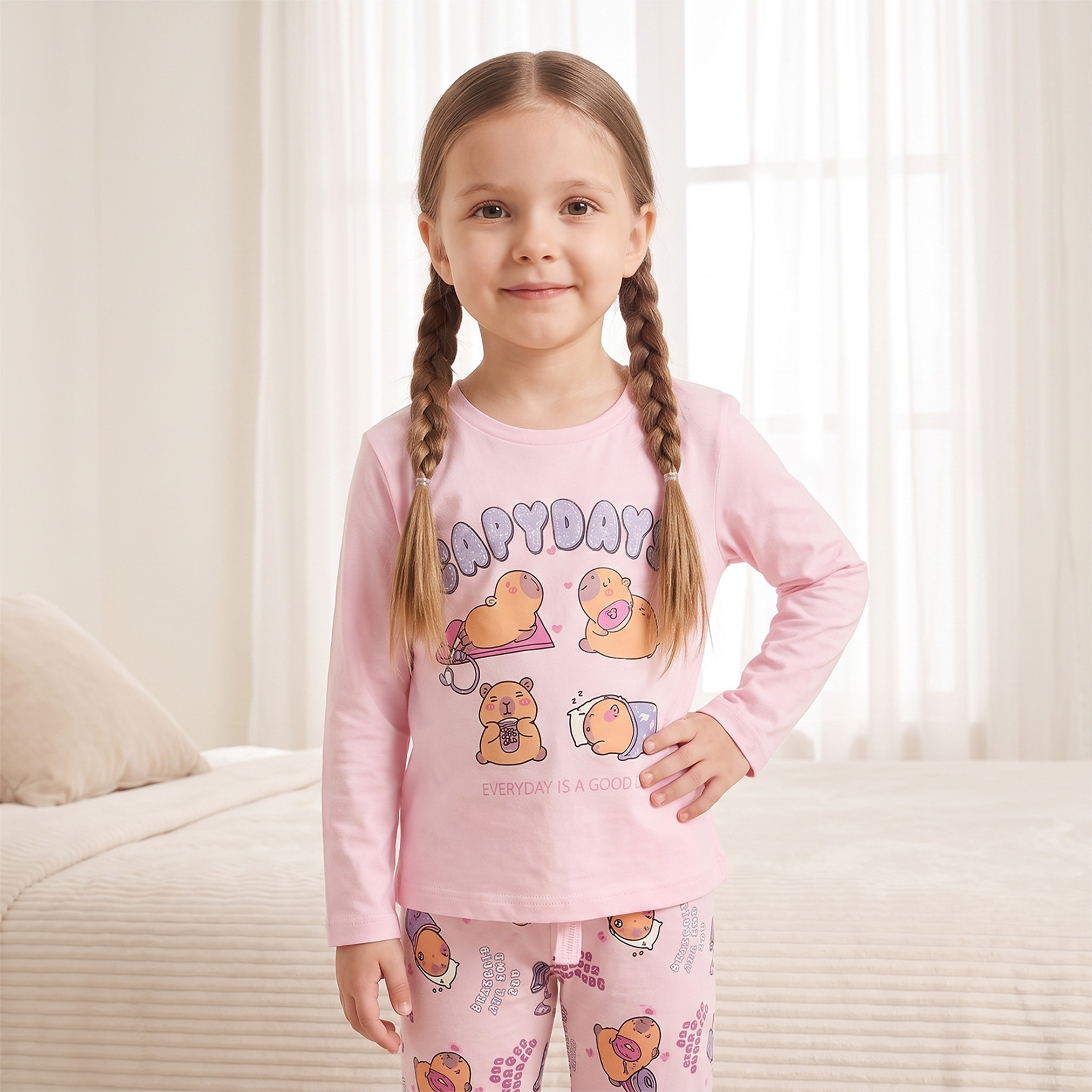 طقم بيجاما قطن بياقة مستديرة وأكمام طويلة بطبعات من جونيورز-girls-clothing-nightwear-image-2