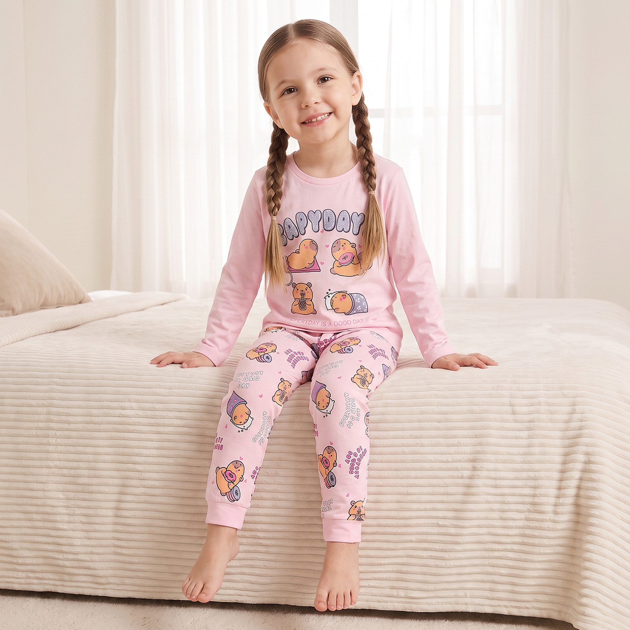 طقم بيجاما قطن بياقة مستديرة وأكمام طويلة بطبعات من جونيورز-girls-clothing-nightwear-image-7