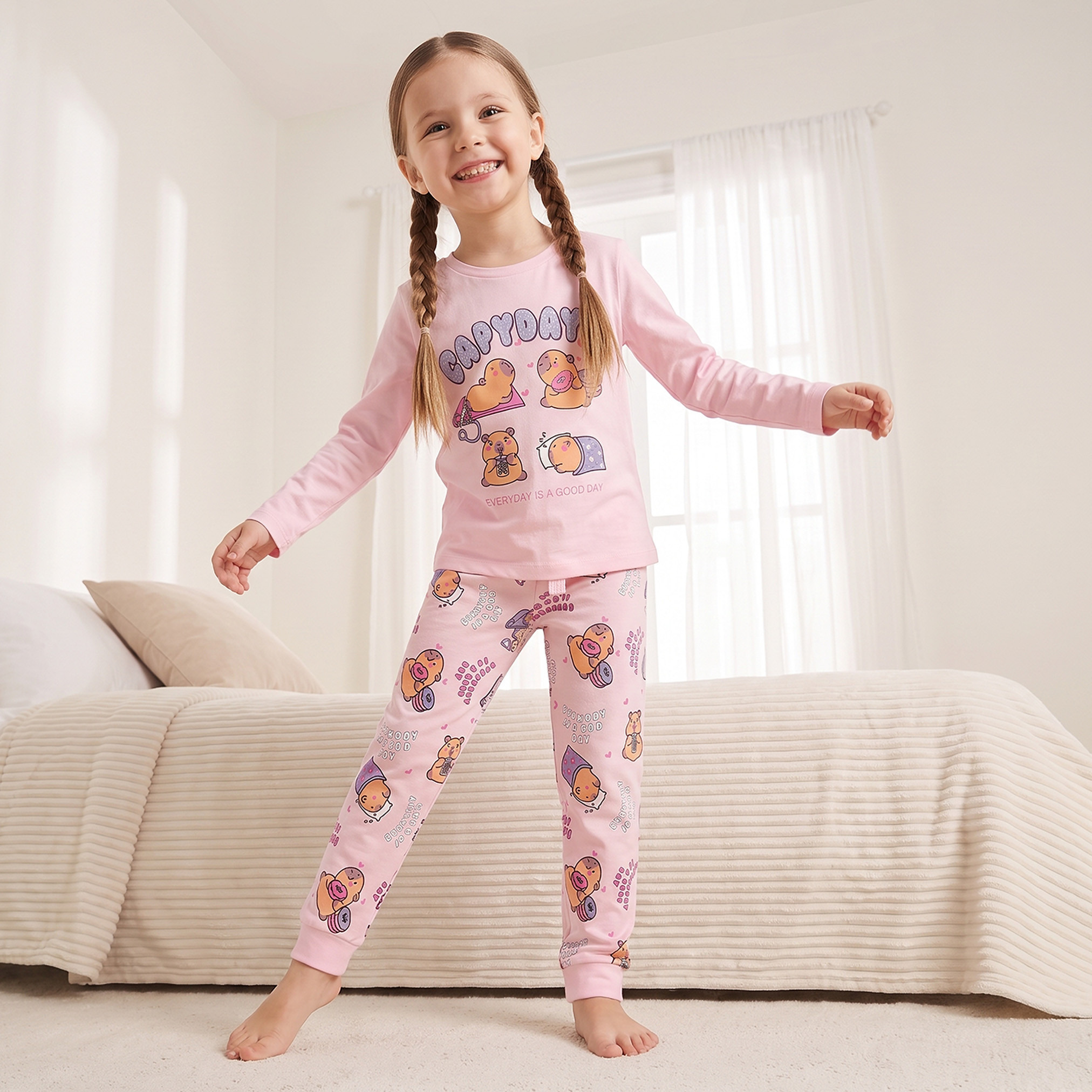 طقم بيجاما قطن بياقة مستديرة وأكمام طويلة بطبعات من جونيورز-girls-clothing-nightwear-image-8
