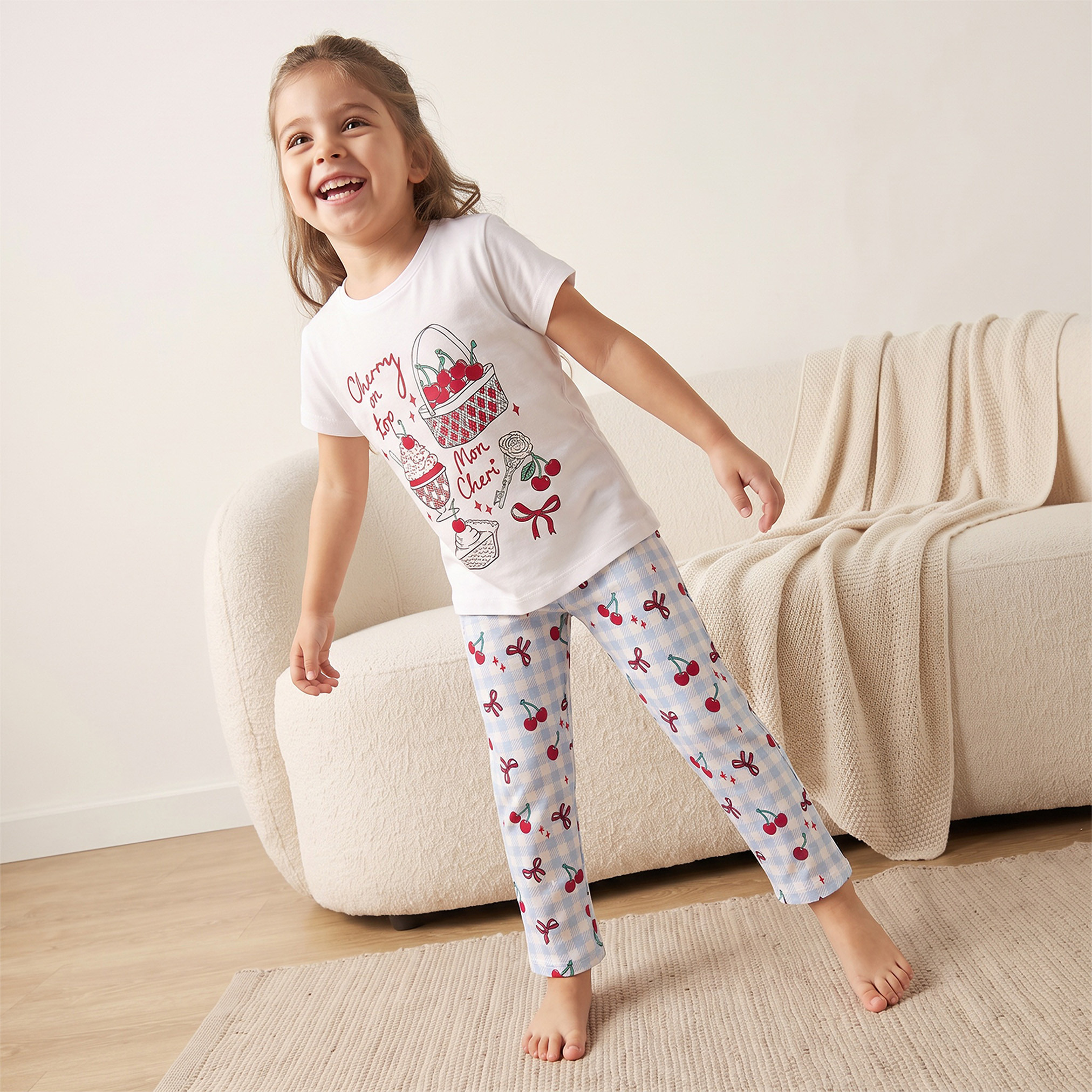Juniors Cotton Crew Neck Short Sleeves Pyjama Set with Cherry Print-girls-clothing-nightwear-image-1