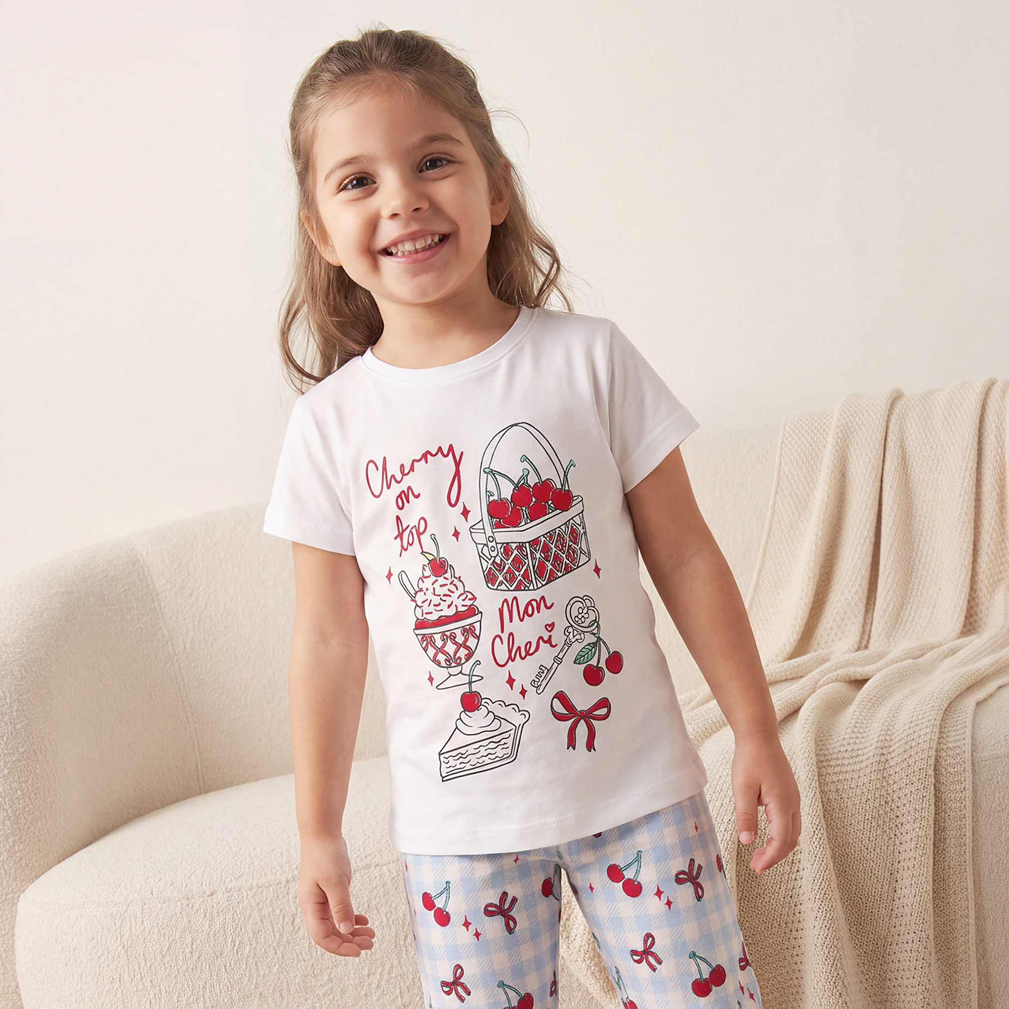 Juniors Cotton Crew Neck Short Sleeves Pyjama Set with Cherry Print-girls-clothing-nightwear-image-2