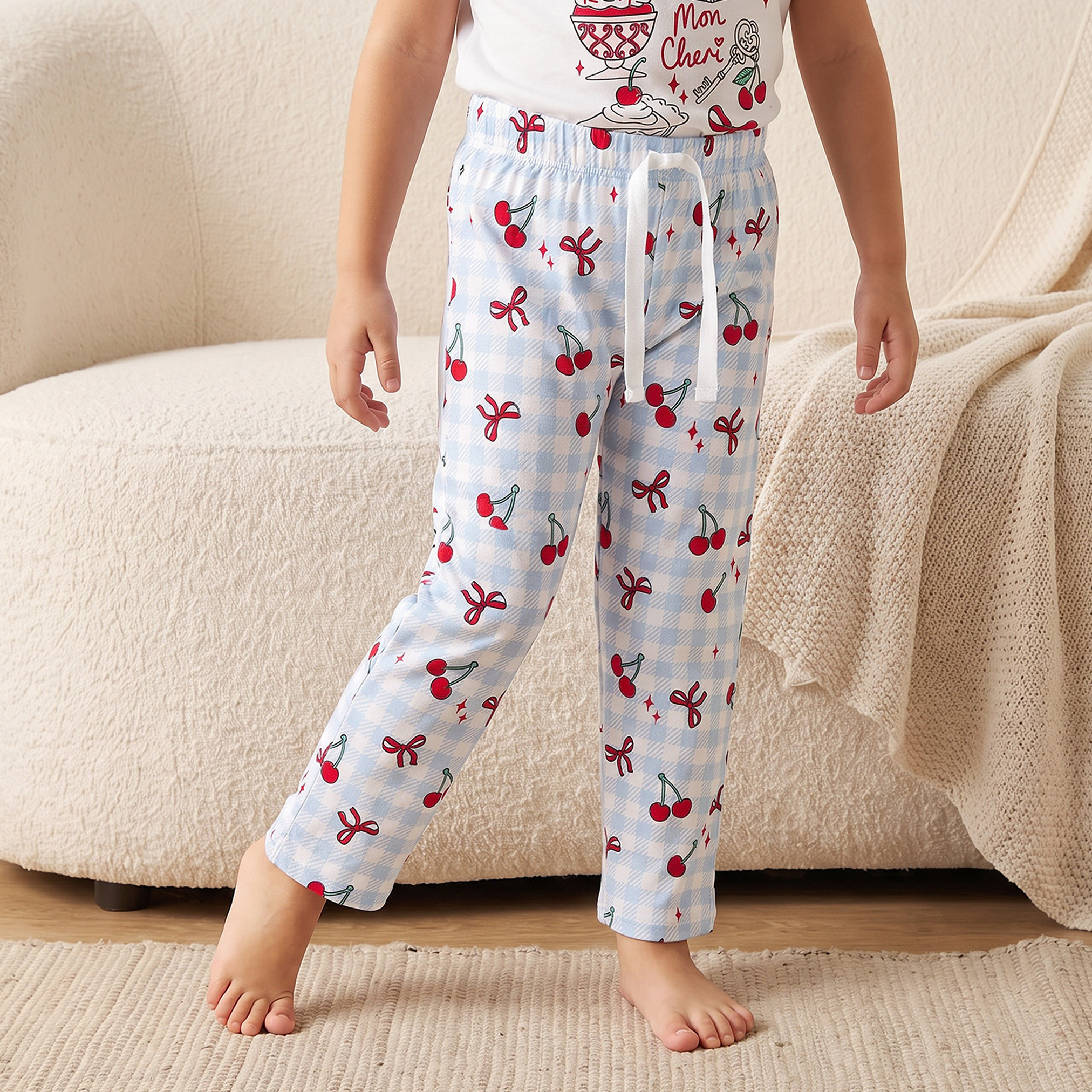 Juniors Cotton Crew Neck Short Sleeves Pyjama Set with Cherry Print-girls-clothing-nightwear-image-3
