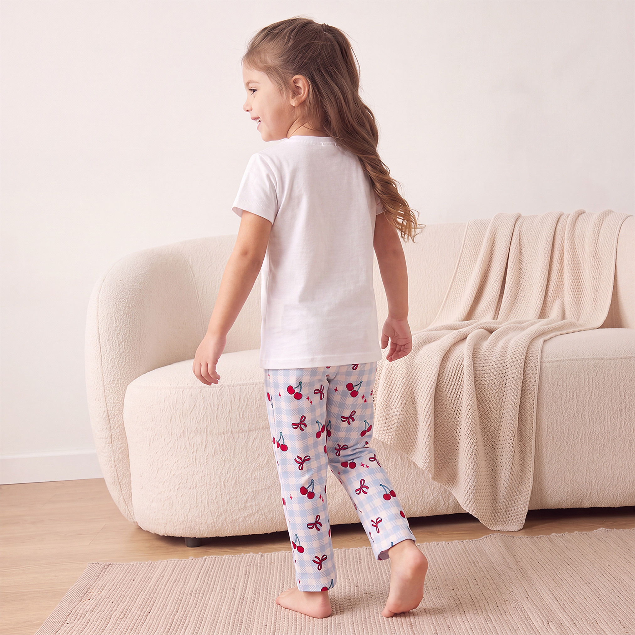 Juniors Cotton Crew Neck Short Sleeves Pyjama Set with Cherry Print-girls-clothing-nightwear-image-4
