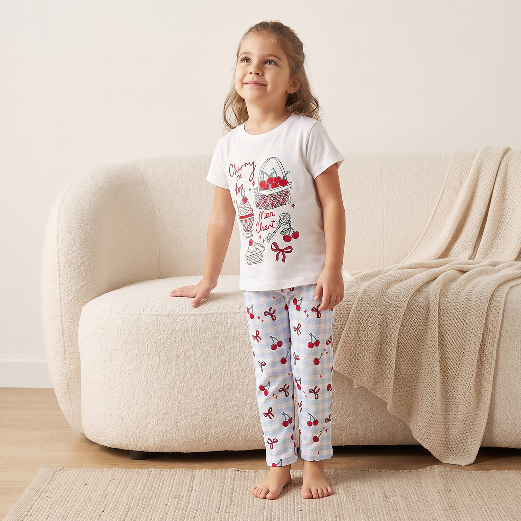 Juniors Cotton Crew Neck Short Sleeves Pyjama Set with Cherry Print-girls-clothing-nightwear-image-7