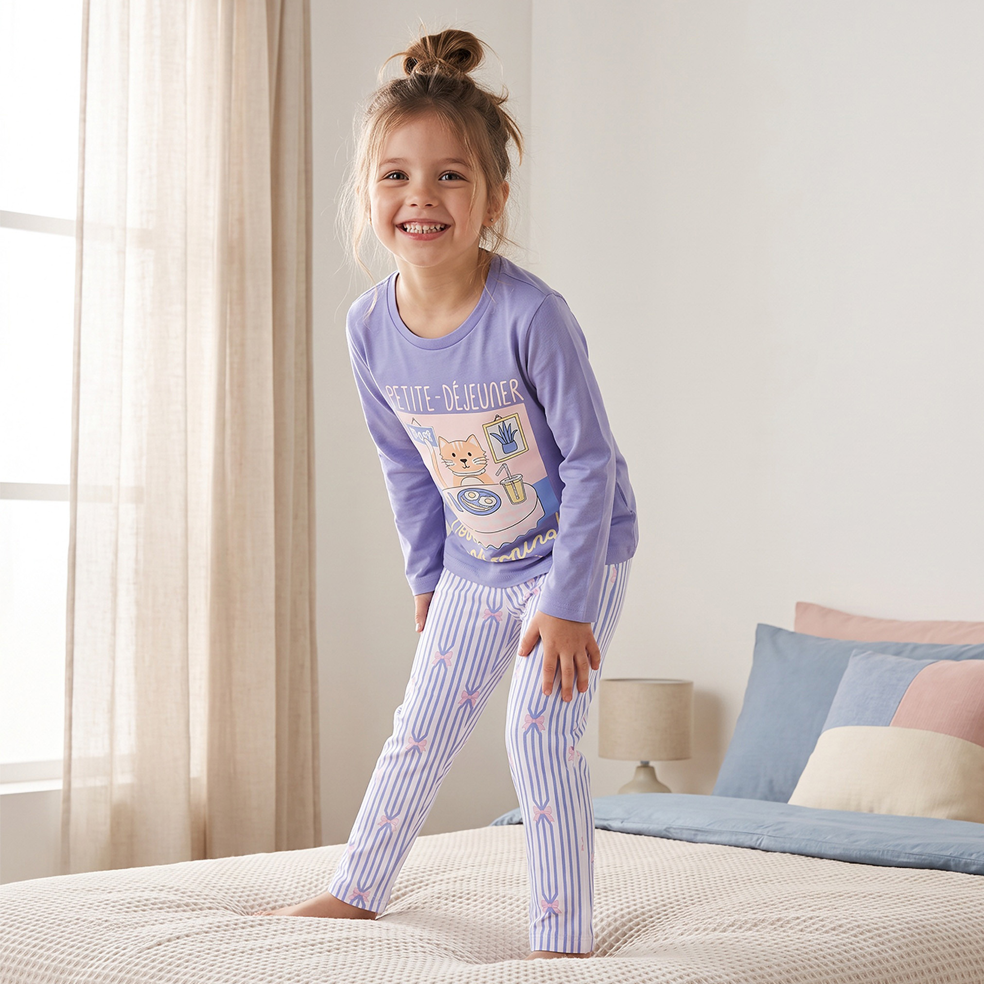 Juniors Cotton Crew Neck Long Sleeves Pyjama Set with Cat Print-girls-clothing-nightwear-image-1