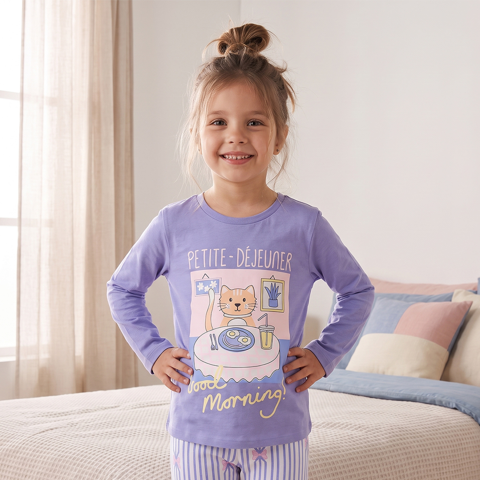 Juniors Cotton Crew Neck Long Sleeves Pyjama Set with Cat Print-girls-clothing-nightwear-image-2