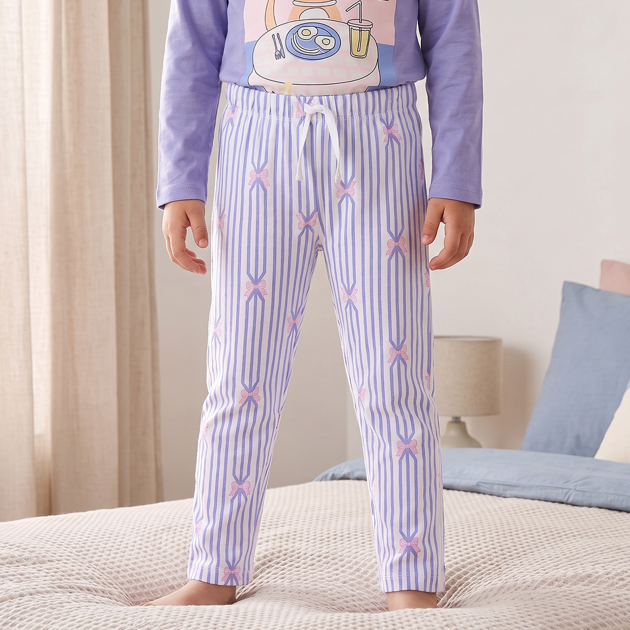 Juniors Cotton Crew Neck Long Sleeves Pyjama Set with Cat Print-girls-clothing-nightwear-image-3