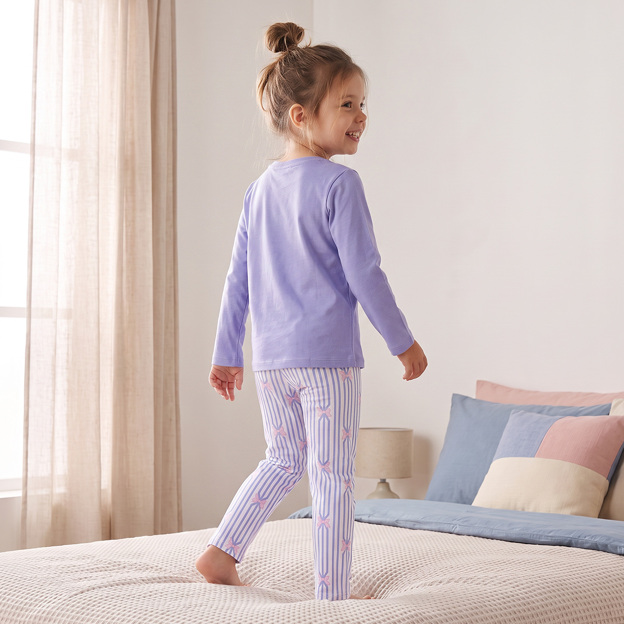 Juniors Cotton Crew Neck Long Sleeves Pyjama Set with Cat Print-girls-clothing-nightwear-image-4