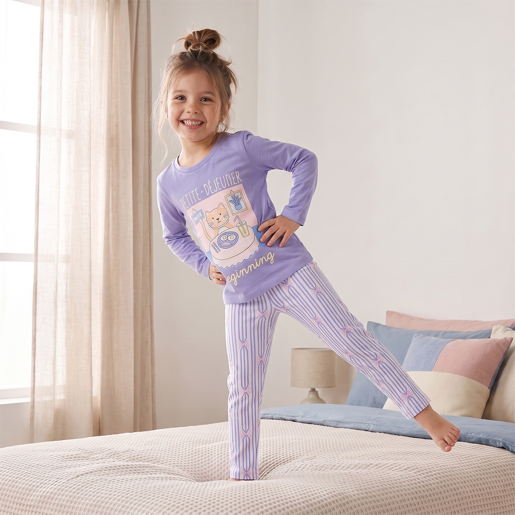 Juniors Cotton Crew Neck Long Sleeves Pyjama Set with Cat Print-girls-clothing-nightwear-image-7