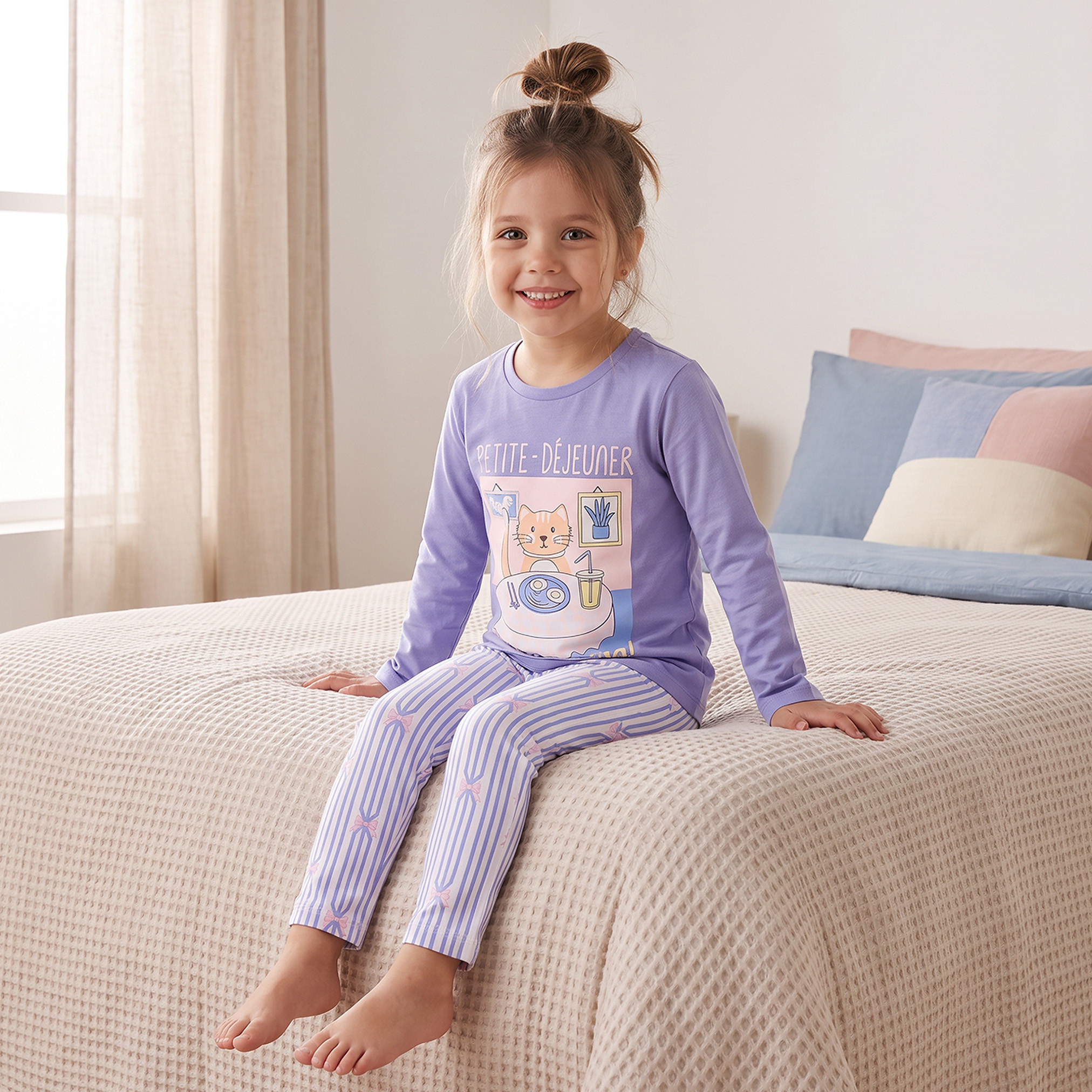 Juniors Cotton Crew Neck Long Sleeves Pyjama Set with Cat Print-girls-clothing-nightwear-image-8