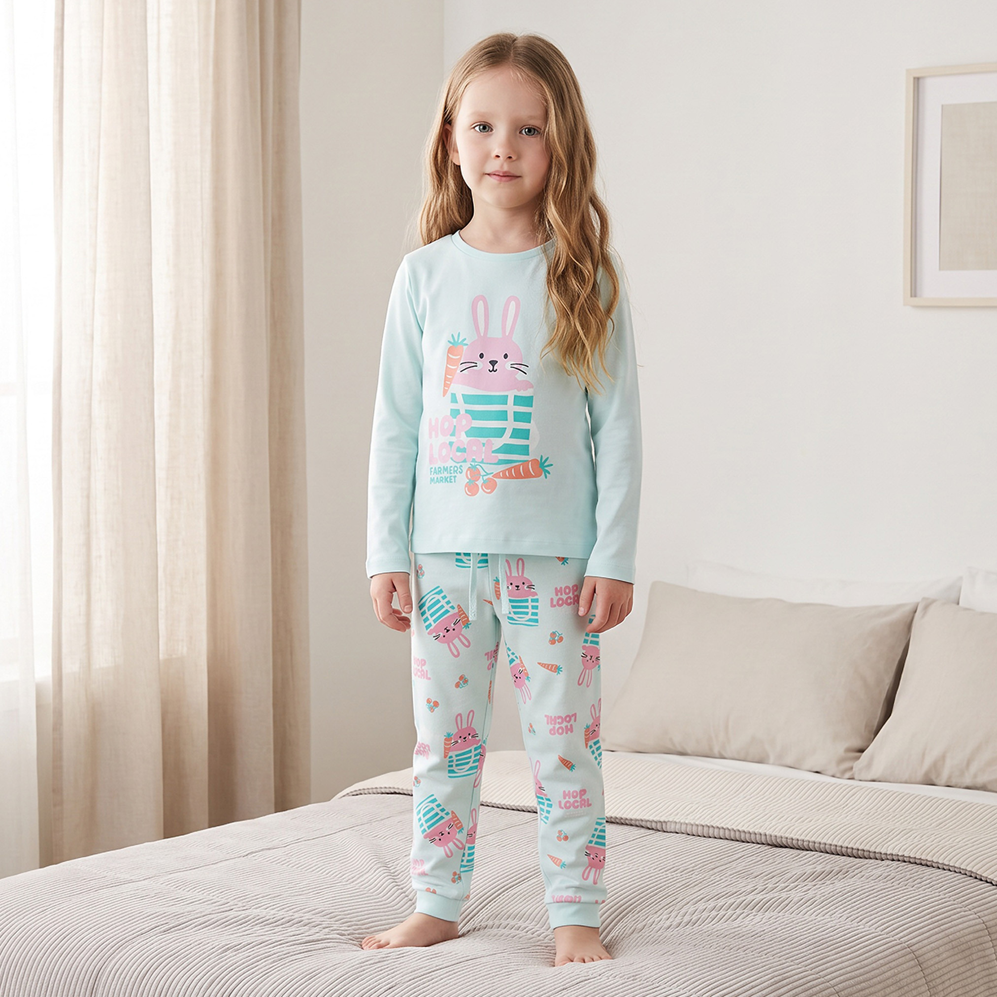 Juniors Cotton Crew Neck Long Sleeves Pyjama Set with Bunny Print-girls-clothing-nightwear-image-1
