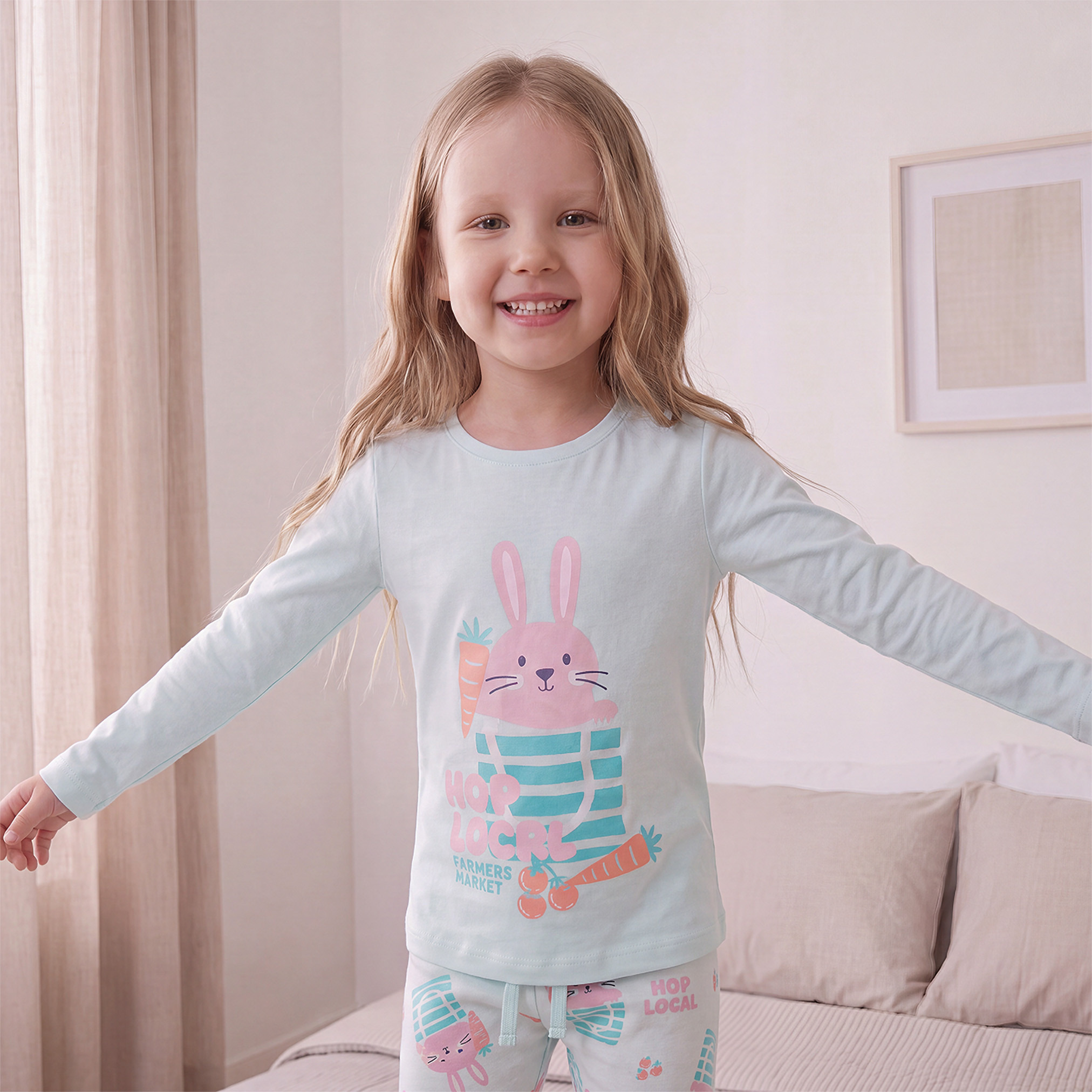 Juniors Cotton Crew Neck Long Sleeves Pyjama Set with Bunny Print-girls-clothing-nightwear-image-2