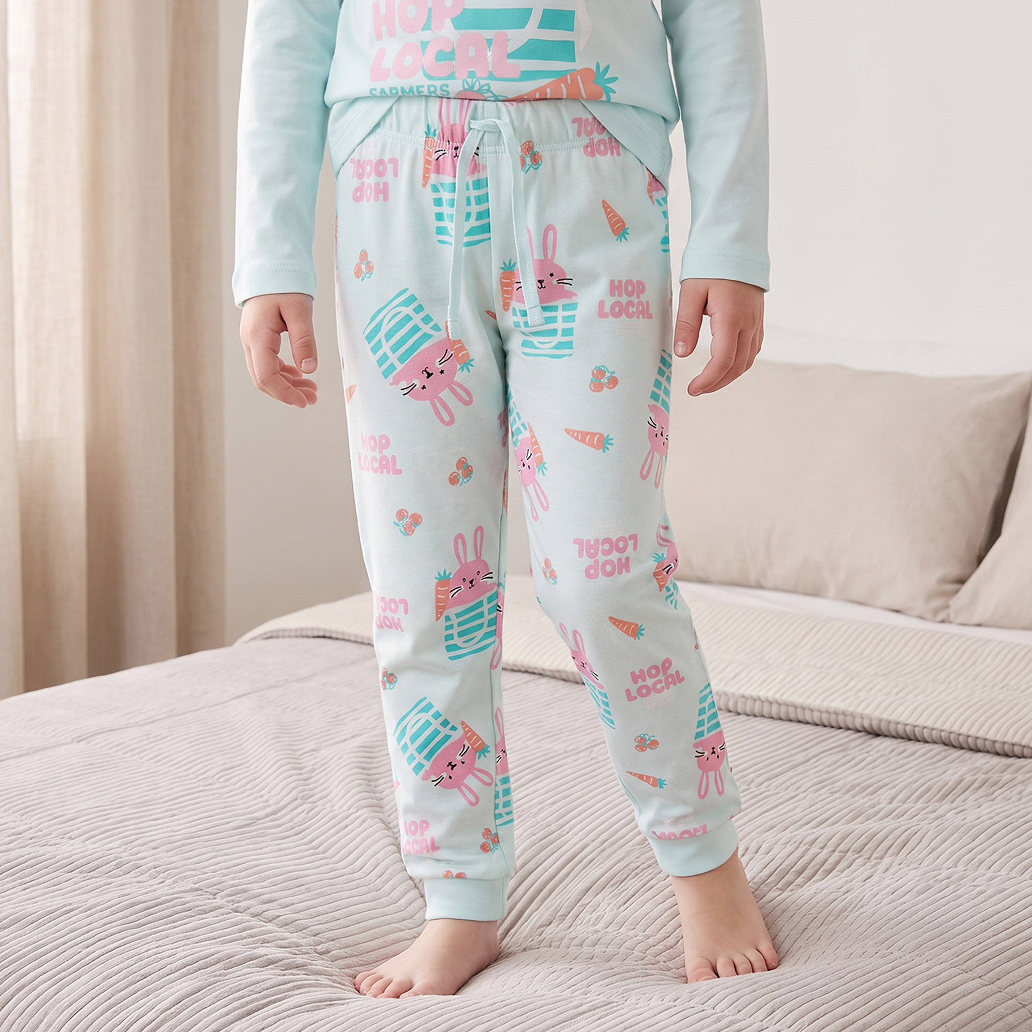 Juniors Cotton Crew Neck Long Sleeves Pyjama Set with Bunny Print-girls-clothing-nightwear-image-3
