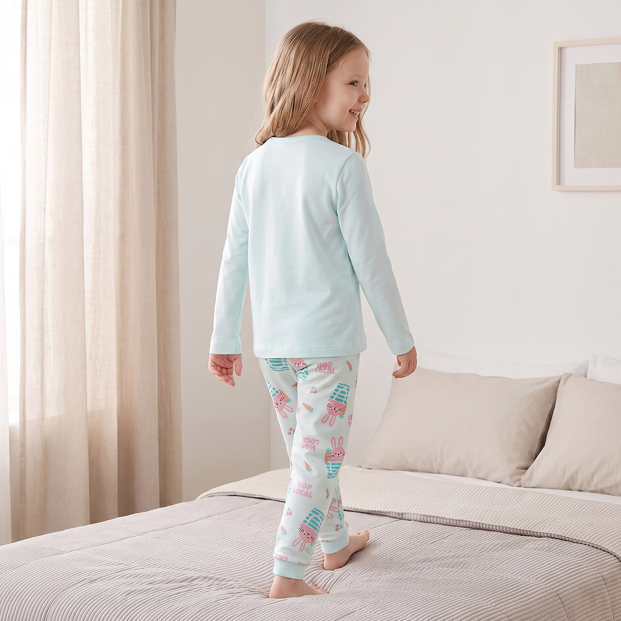 Juniors Cotton Crew Neck Long Sleeves Pyjama Set with Bunny Print-girls-clothing-nightwear-image-4