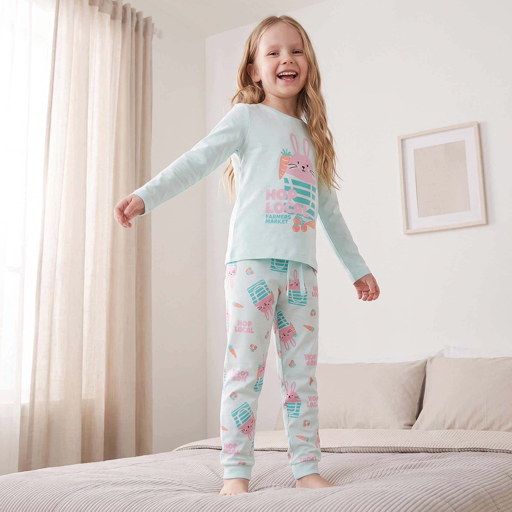 Juniors Cotton Crew Neck Long Sleeves Pyjama Set with Bunny Print-girls-clothing-nightwear-image-7