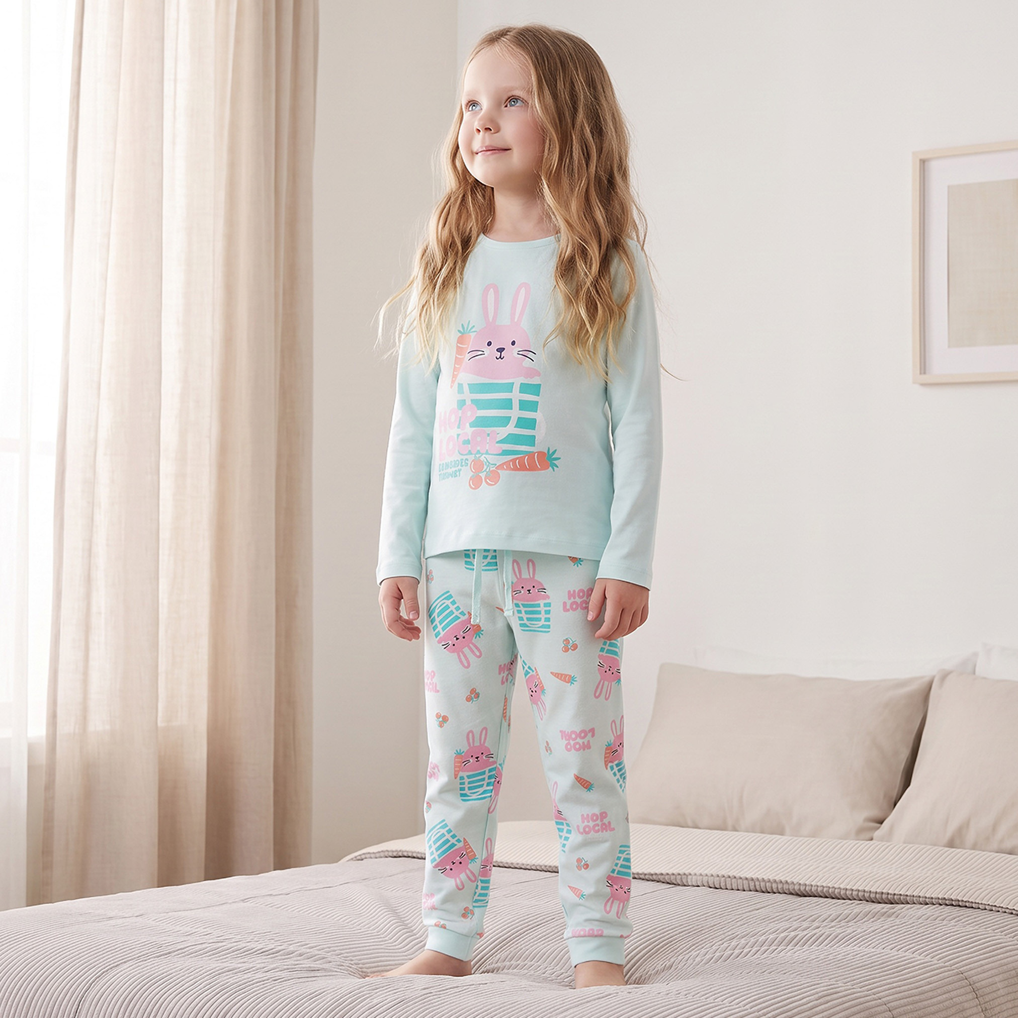 Juniors Cotton Crew Neck Long Sleeves Pyjama Set with Bunny Print-girls-clothing-nightwear-image-8