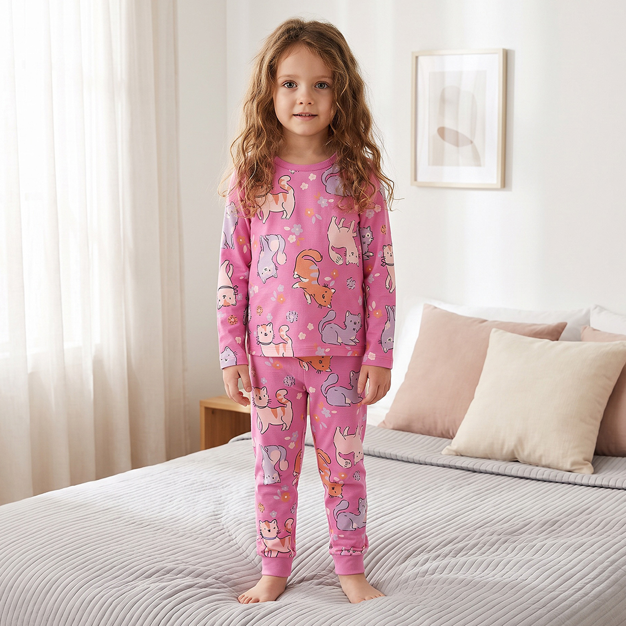 Juniors Cotton Crew Neck Long Sleeves Pyjama Set with Cat Print-girls-clothing-nightwear-image-1
