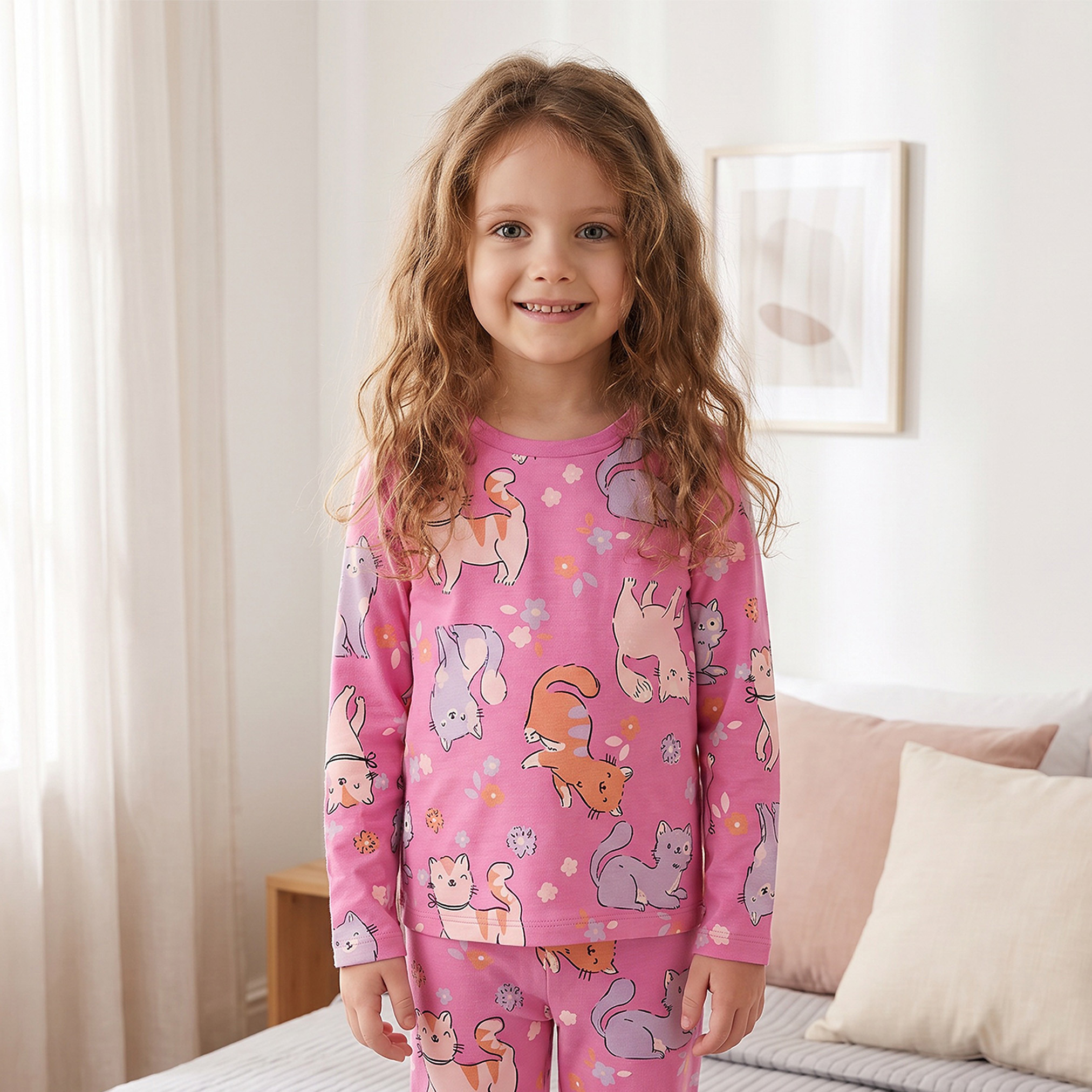 Juniors Cotton Crew Neck Long Sleeves Pyjama Set with Cat Print-girls-clothing-nightwear-image-2