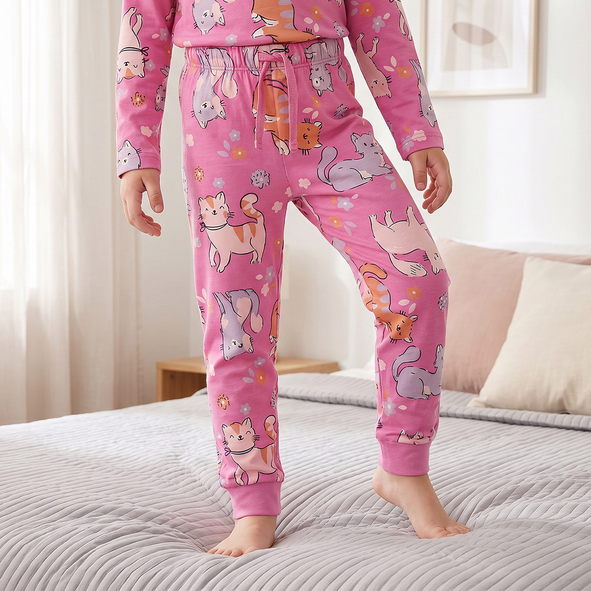 Juniors Cotton Crew Neck Long Sleeves Pyjama Set with Cat Print-girls-clothing-nightwear-image-3