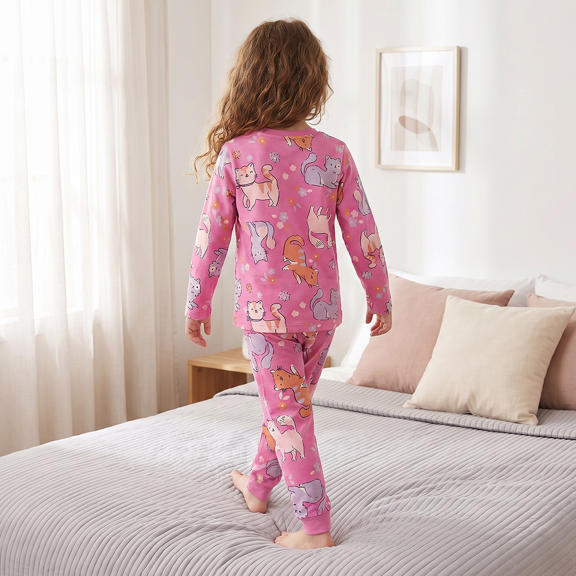 Juniors Cotton Crew Neck Long Sleeves Pyjama Set with Cat Print-girls-clothing-nightwear-image-4