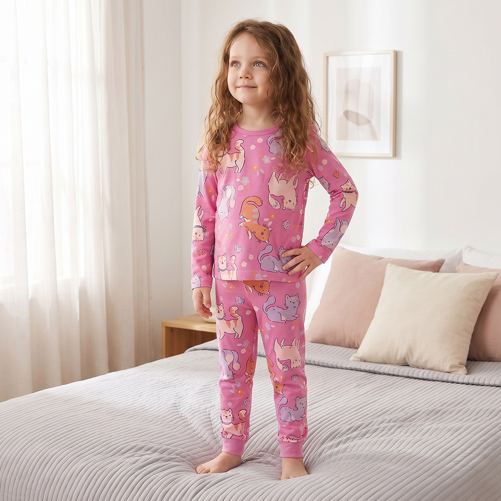 Juniors Cotton Crew Neck Long Sleeves Pyjama Set with Cat Print-girls-clothing-nightwear-image-7