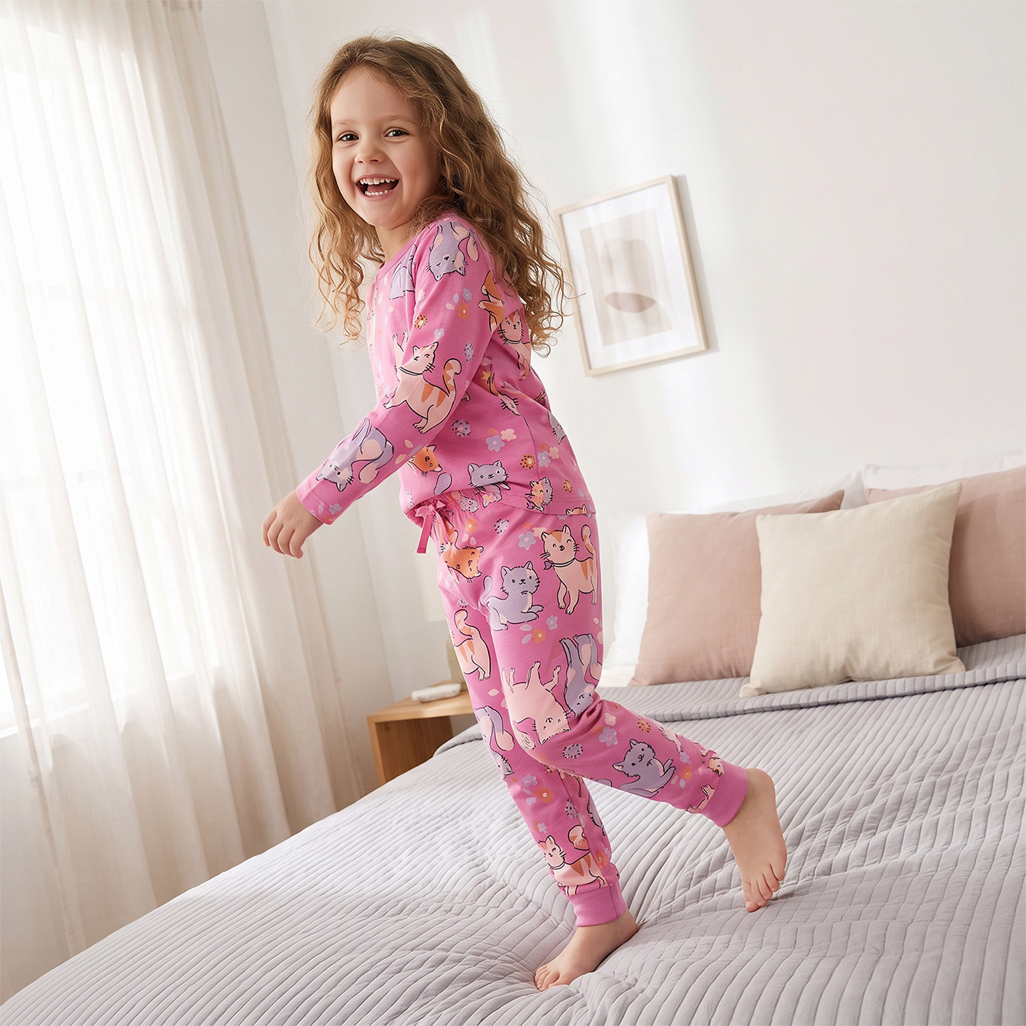 Juniors Cotton Crew Neck Long Sleeves Pyjama Set with Cat Print-girls-clothing-nightwear-image-8