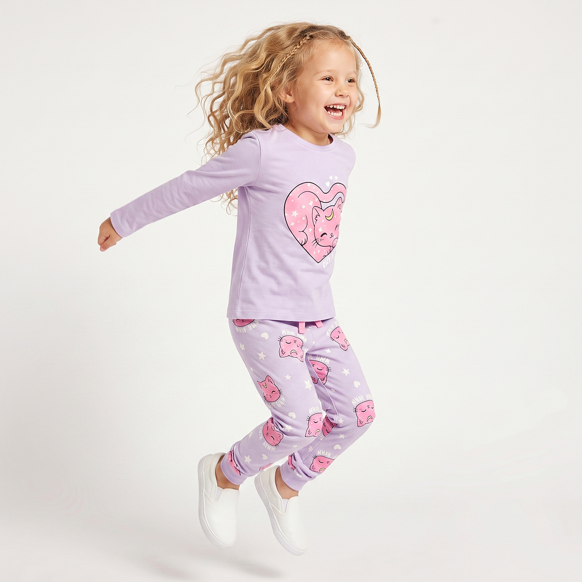 طقم بيجاما قطن بياقة ضيقة وأكمام طويلة بطبعات قطط من جونيورز-girls-clothing-nightwear-image-1
