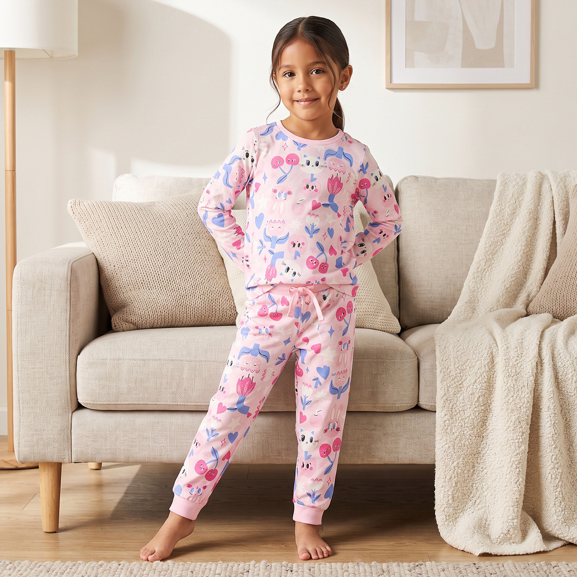 Juniors Cotton Round Neck Long Sleeves Pyjama Set with Fun Print-girls-clothing-nightwear-image-1
