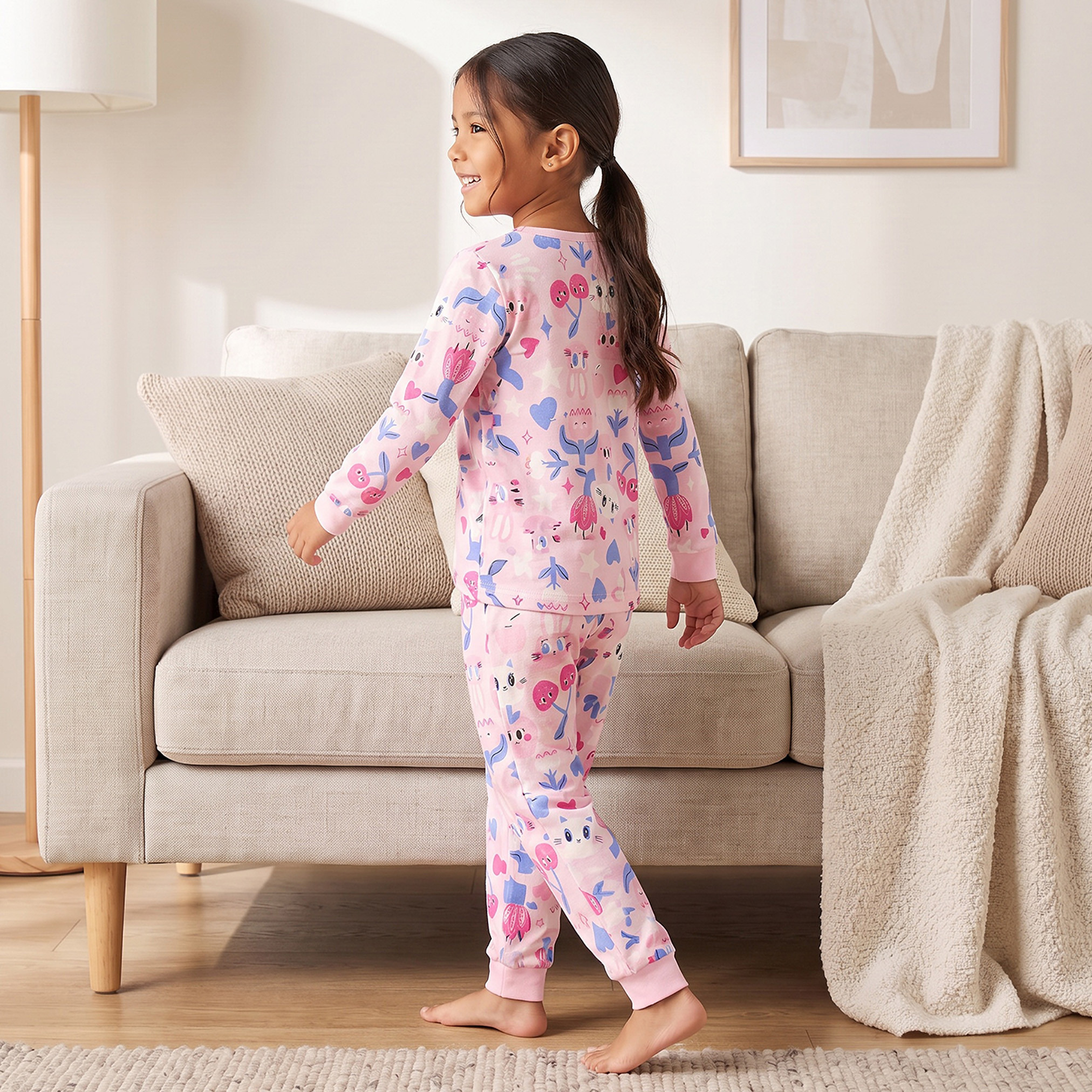 Juniors Cotton Round Neck Long Sleeves Pyjama Set with Fun Print-girls-clothing-nightwear-image-4