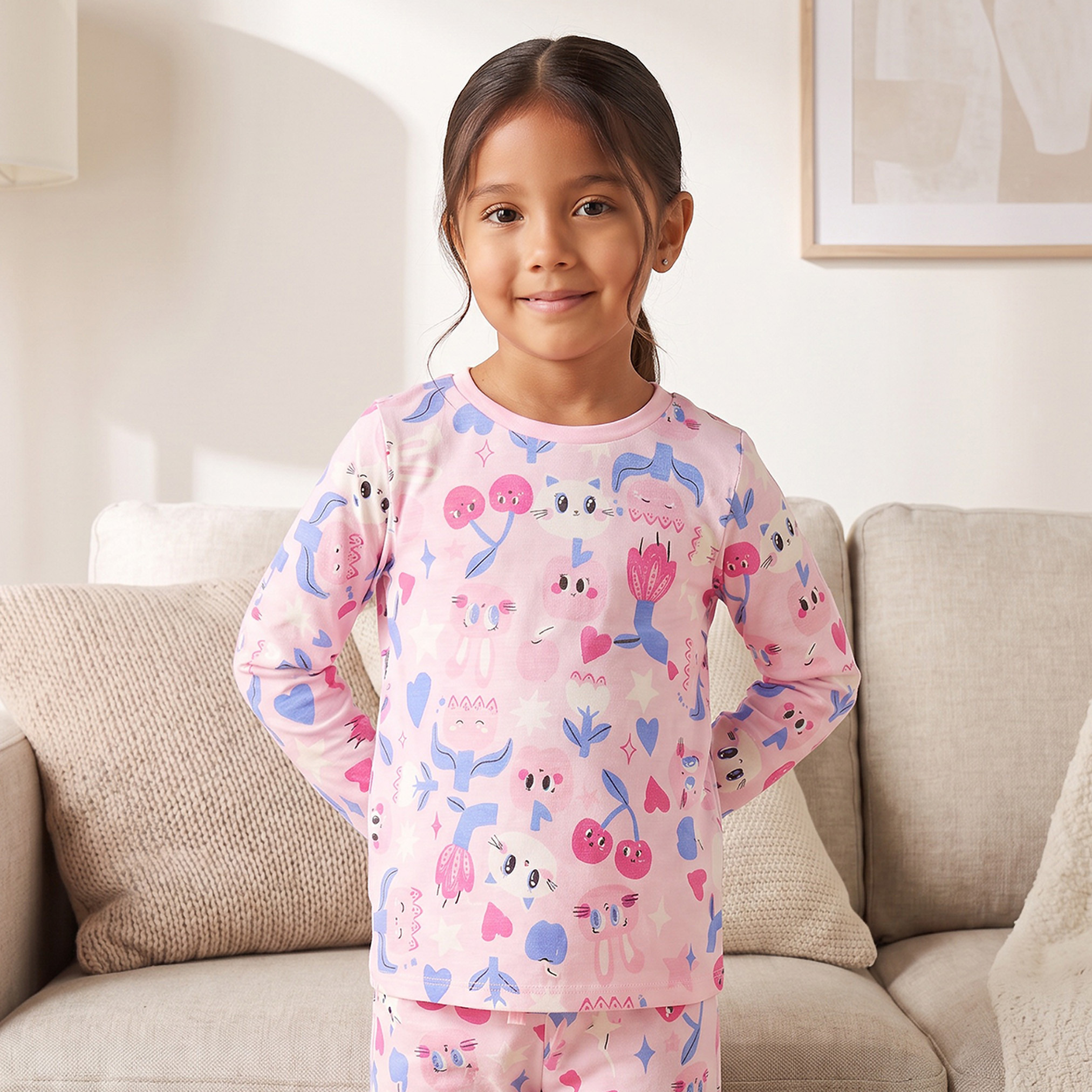 Juniors Cotton Round Neck Long Sleeves Pyjama Set with Fun Print-girls-clothing-nightwear-image-2
