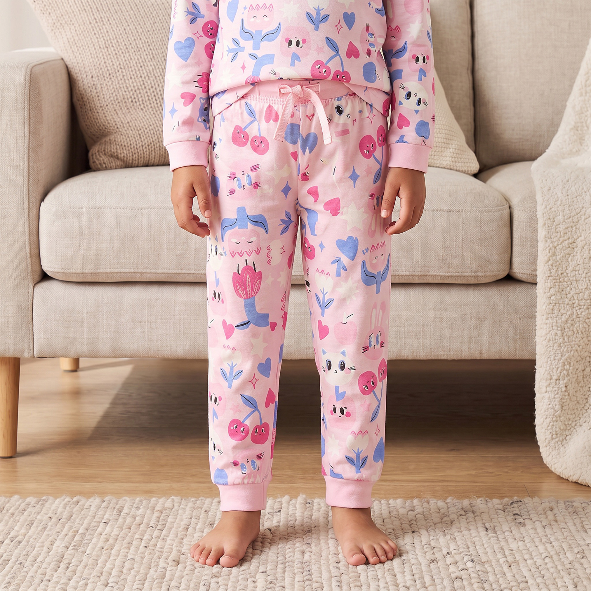 Juniors Cotton Round Neck Long Sleeves Pyjama Set with Fun Print-girls-clothing-nightwear-image-3