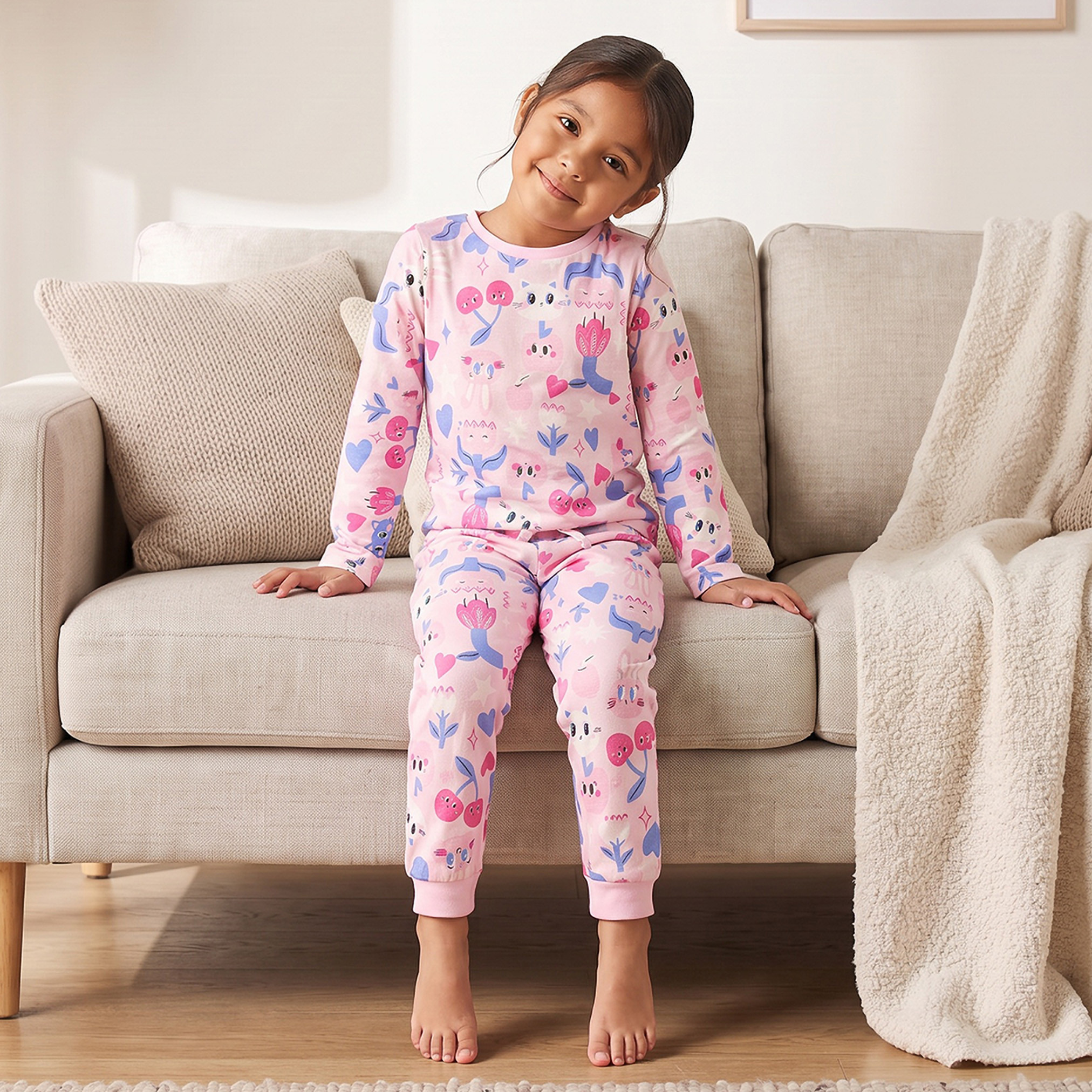 Juniors Cotton Round Neck Long Sleeves Pyjama Set with Fun Print-girls-clothing-nightwear-image-7