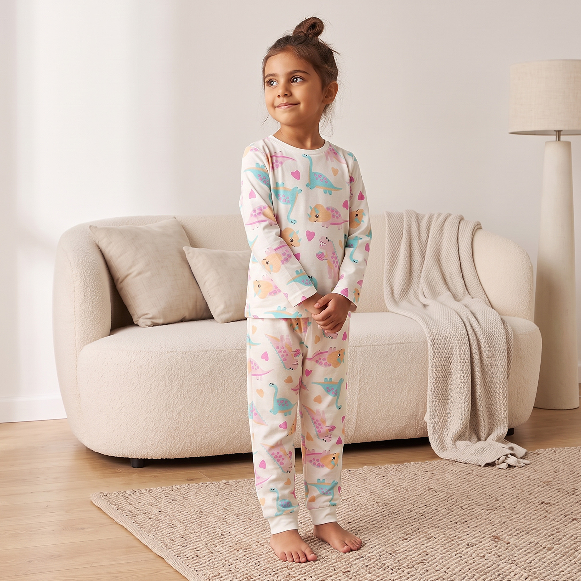 طقم بيجاما قطن بياقة ضيقة وأكمام طويلة وطبعات ديناصور من جونيورز-girls-clothing-nightwear-image-1