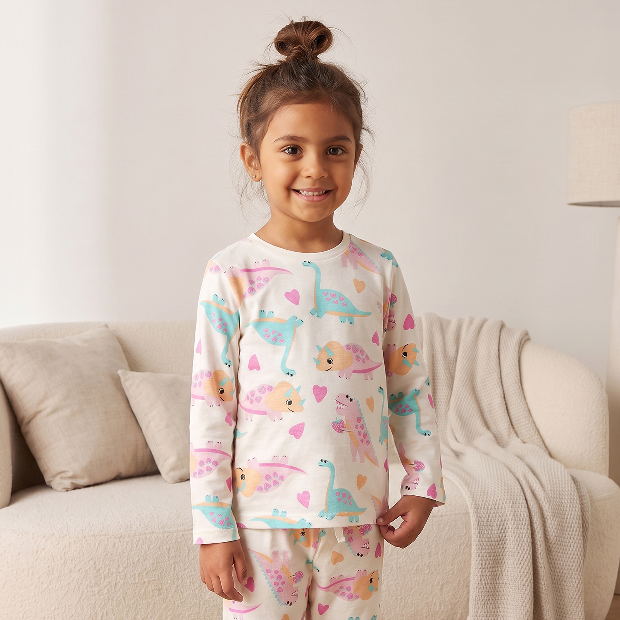 طقم بيجاما قطن بياقة ضيقة وأكمام طويلة وطبعات ديناصور من جونيورز-girls-clothing-nightwear-image-2