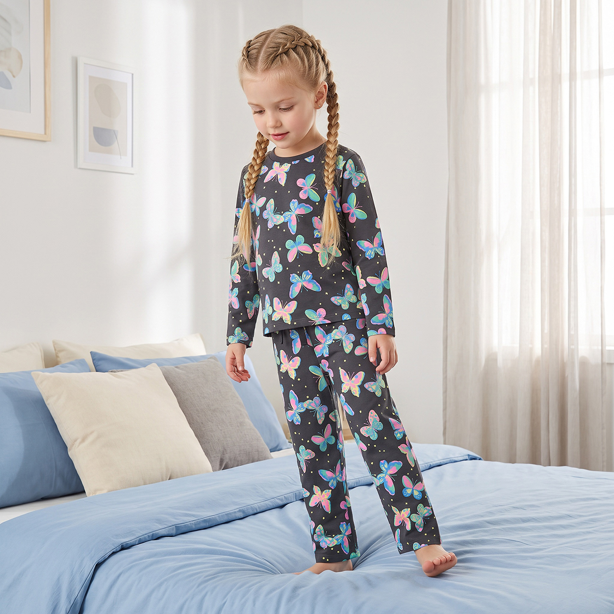 Juniors Cotton Crew Neck Long Sleeves Pyjama Set with Butterfly Print-girls-clothing-nightwear-image-1