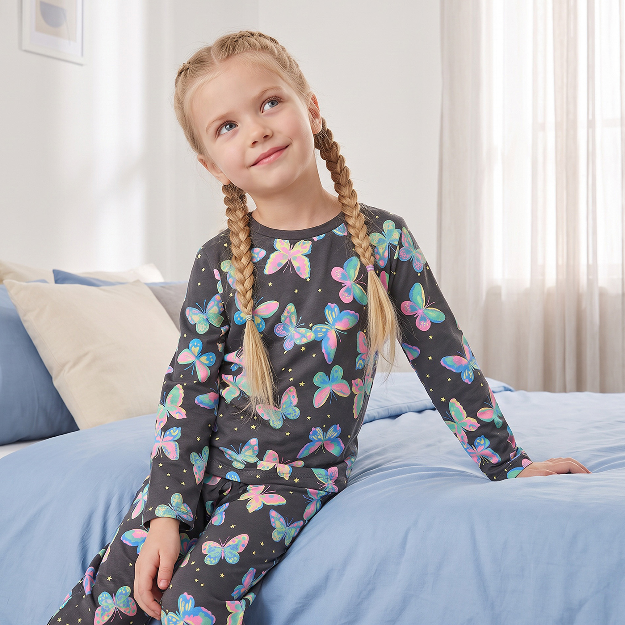 Juniors Cotton Crew Neck Long Sleeves Pyjama Set with Butterfly Print-girls-clothing-nightwear-image-2