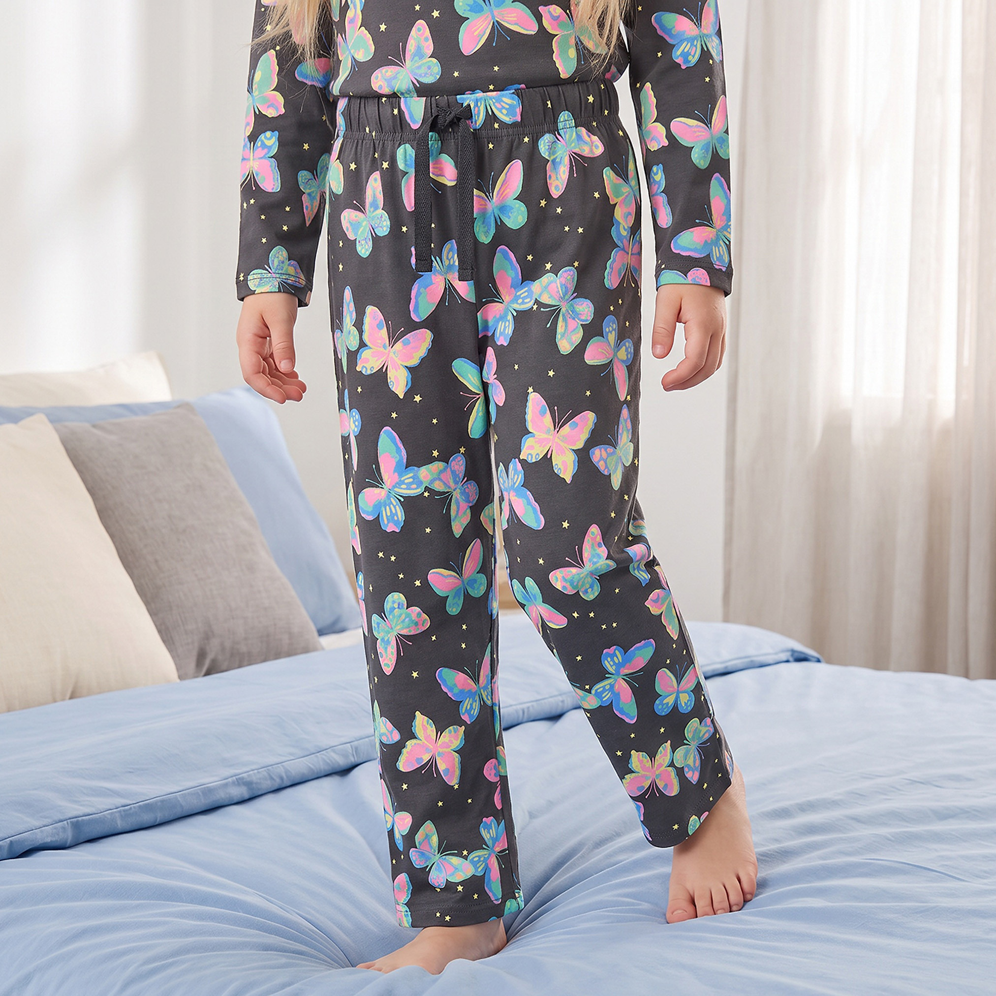Juniors Cotton Crew Neck Long Sleeves Pyjama Set with Butterfly Print-girls-clothing-nightwear-image-3