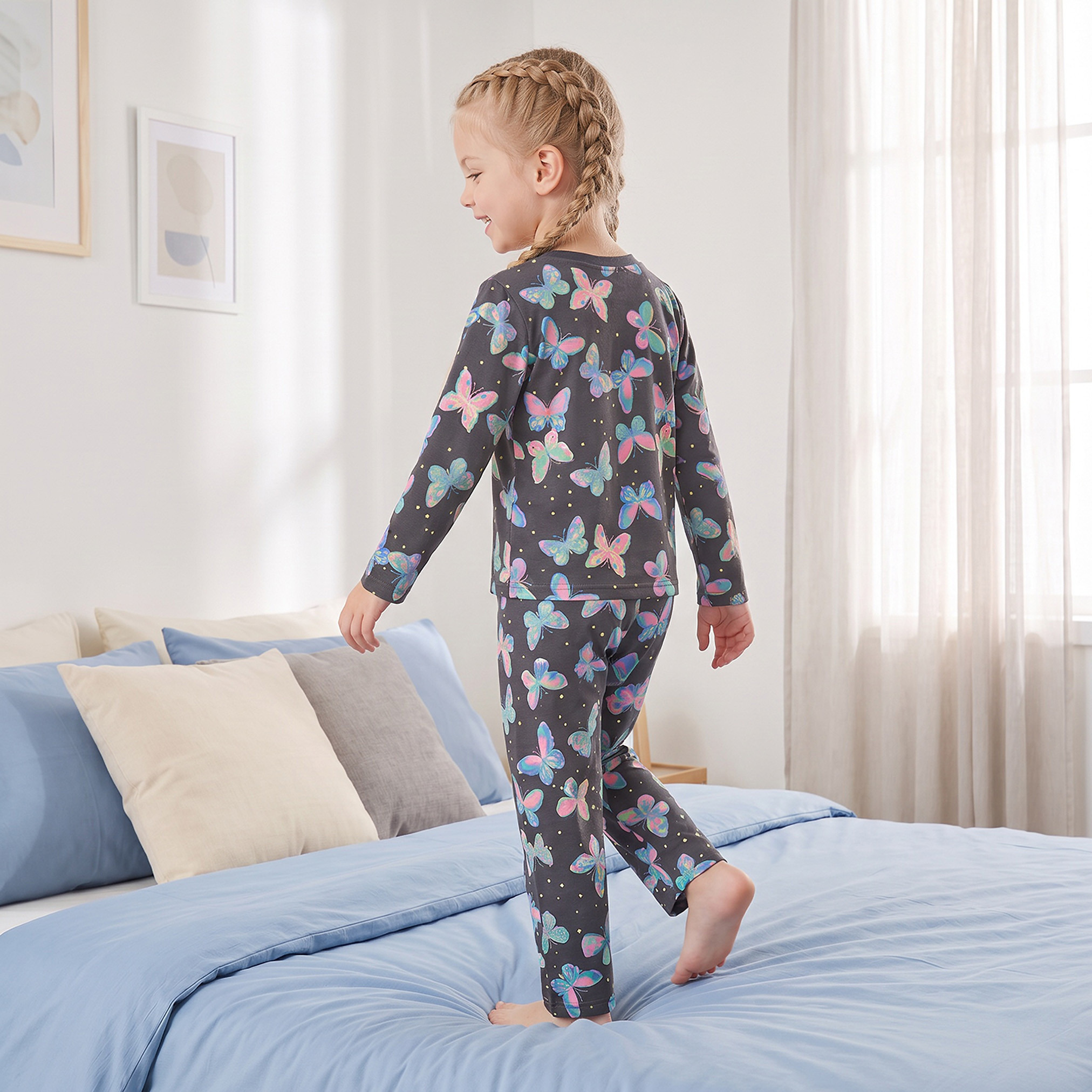 Juniors Cotton Crew Neck Long Sleeves Pyjama Set with Butterfly Print-girls-clothing-nightwear-image-4