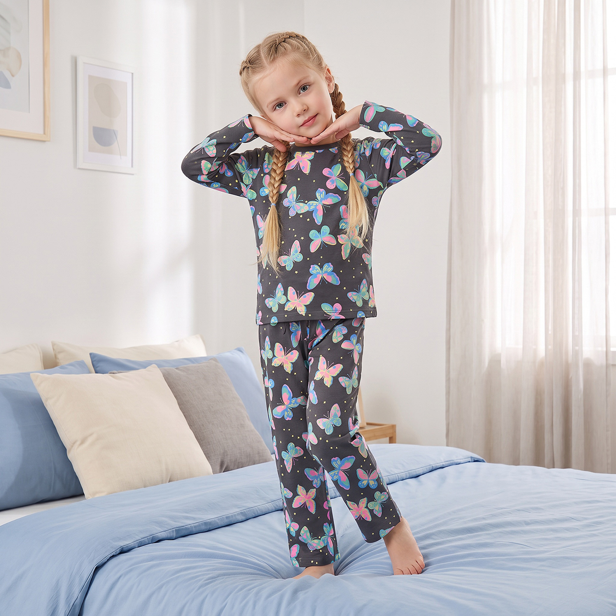 Juniors Cotton Crew Neck Long Sleeves Pyjama Set with Butterfly Print-girls-clothing-nightwear-image-5