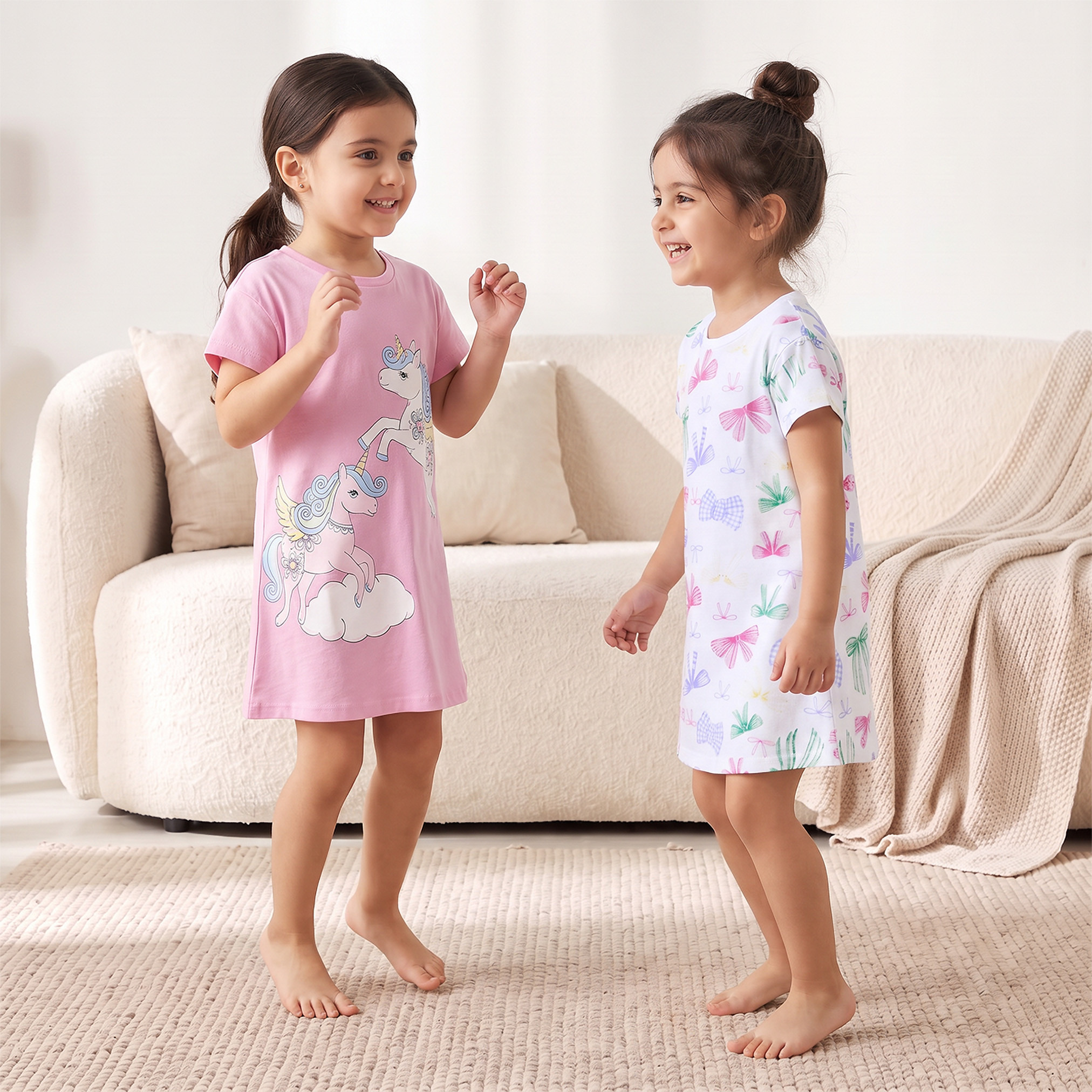 طقم فستان نوم قطن بياقة مستديرة وأكمام قصيرة وطبعات يونيكورن قطعتين من جونيورز-girls-clothing-nightwear-image-1