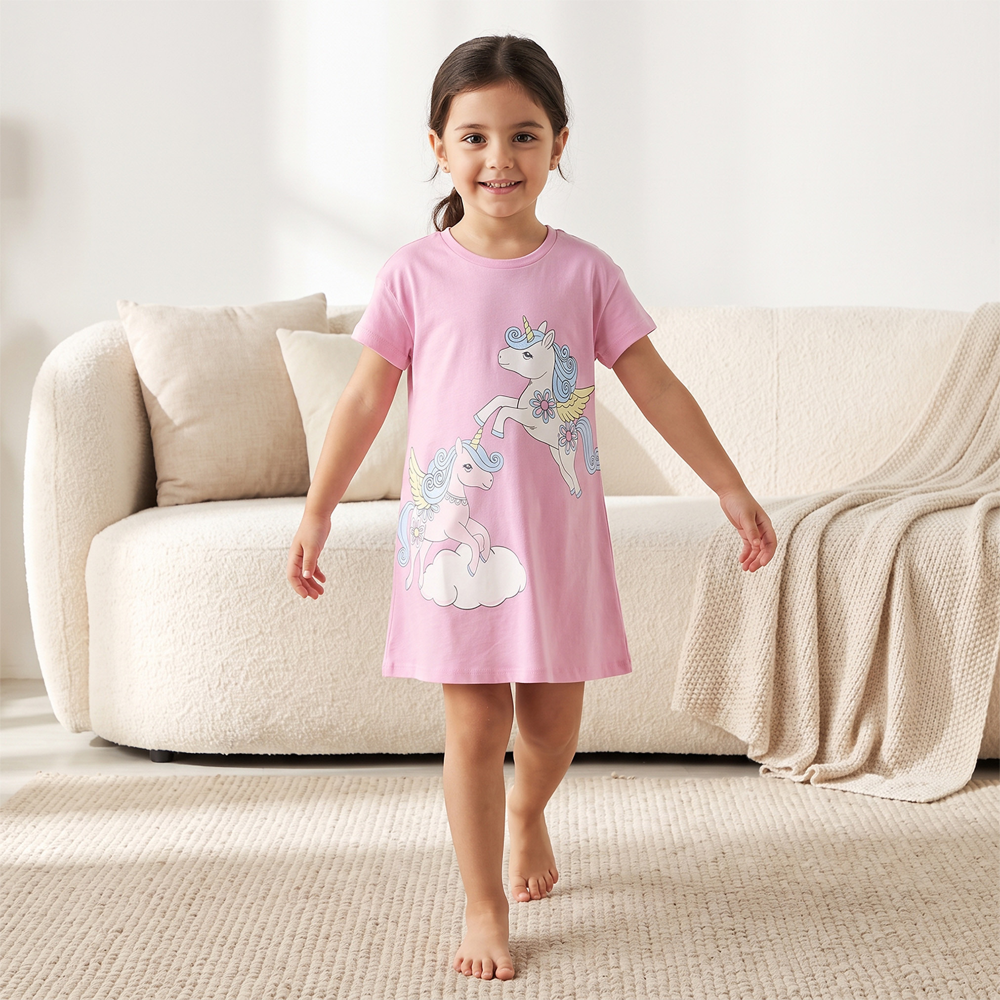 طقم فستان نوم قطن بياقة مستديرة وأكمام قصيرة وطبعات يونيكورن قطعتين من جونيورز-girls-clothing-nightwear-image-2