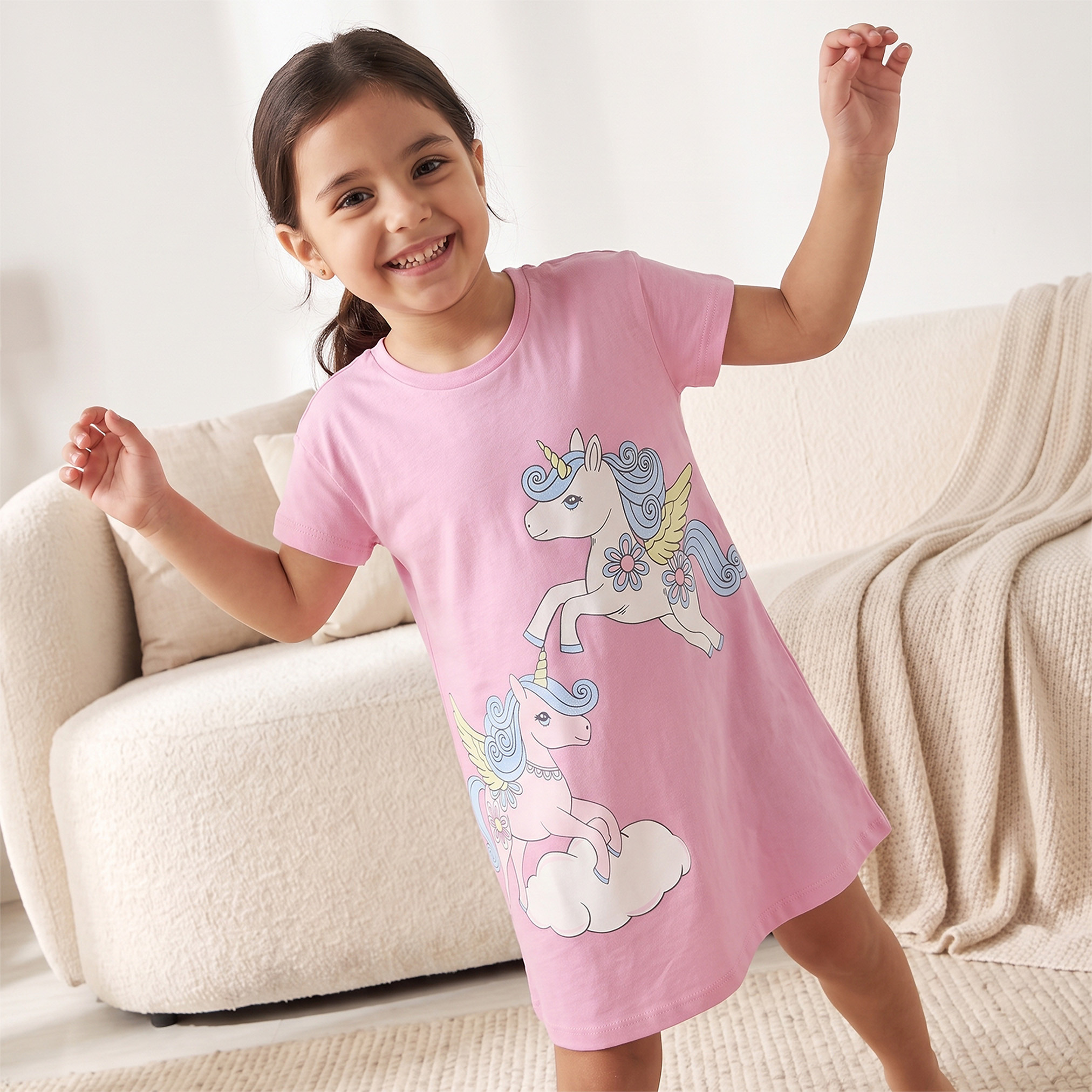 طقم فستان نوم قطن بياقة مستديرة وأكمام قصيرة وطبعات يونيكورن قطعتين من جونيورز-girls-clothing-nightwear-image-4