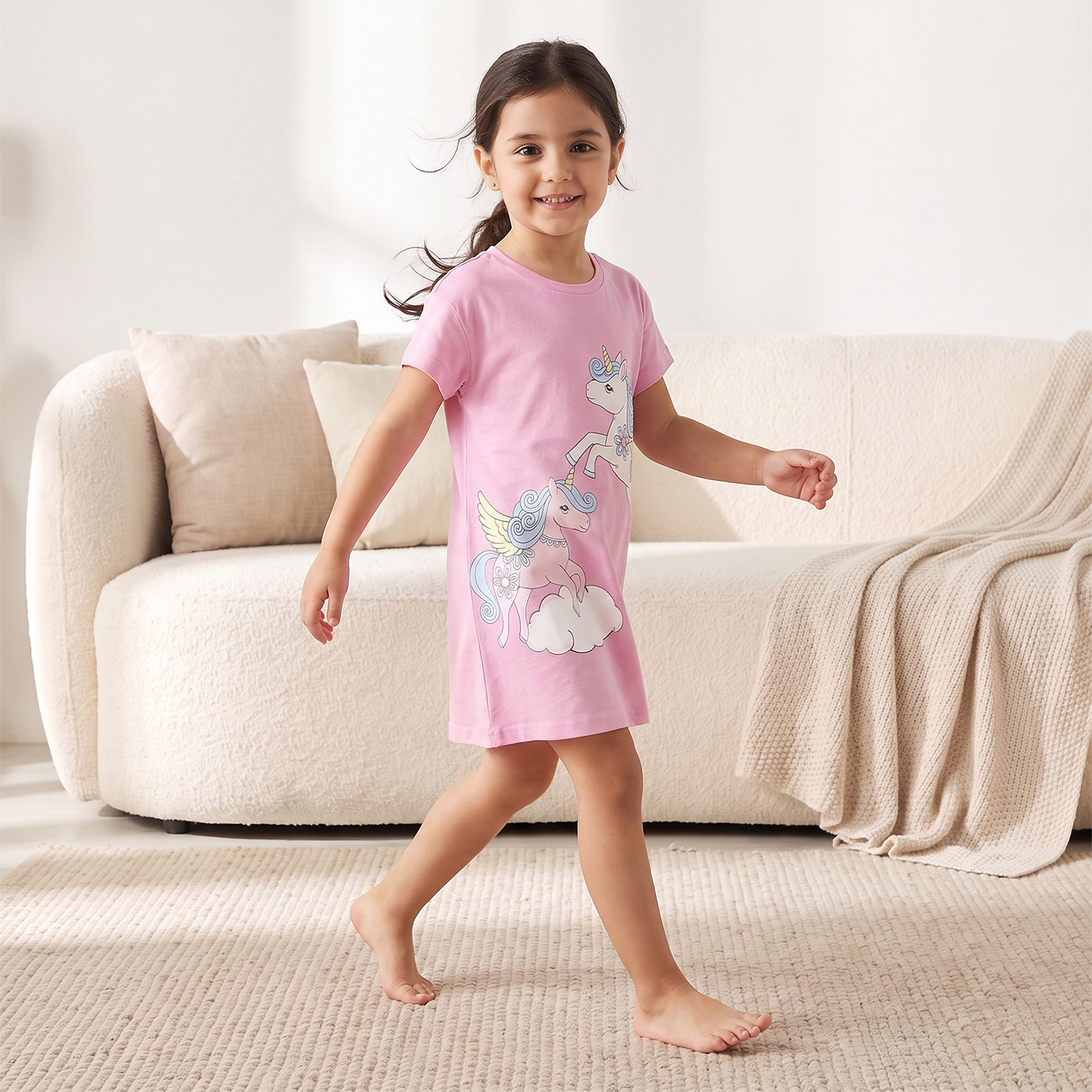 طقم فستان نوم قطن بياقة مستديرة وأكمام قصيرة وطبعات يونيكورن قطعتين من جونيورز-girls-clothing-nightwear-image-8