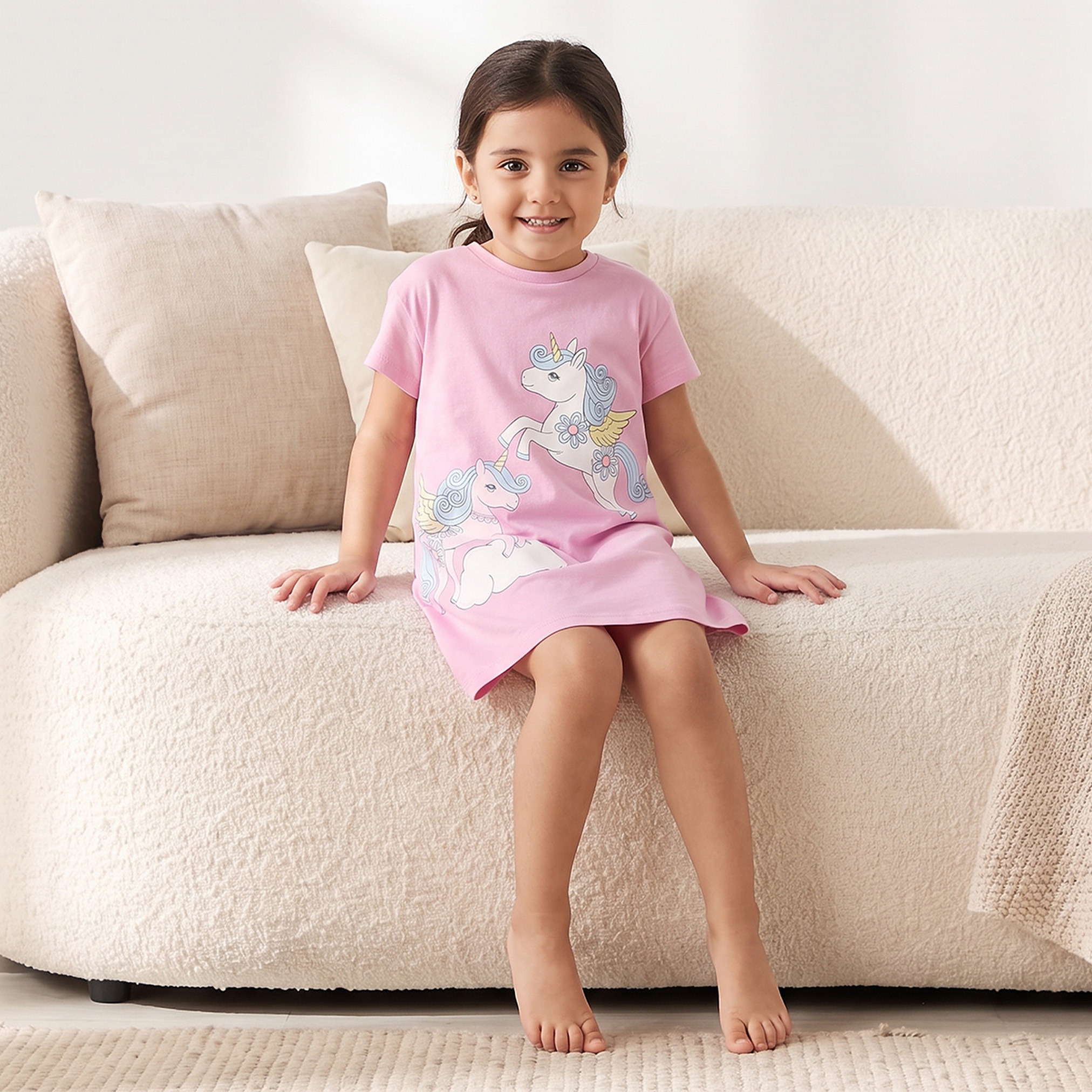 طقم فستان نوم قطن بياقة مستديرة وأكمام قصيرة وطبعات يونيكورن قطعتين من جونيورز-girls-clothing-nightwear-image-9