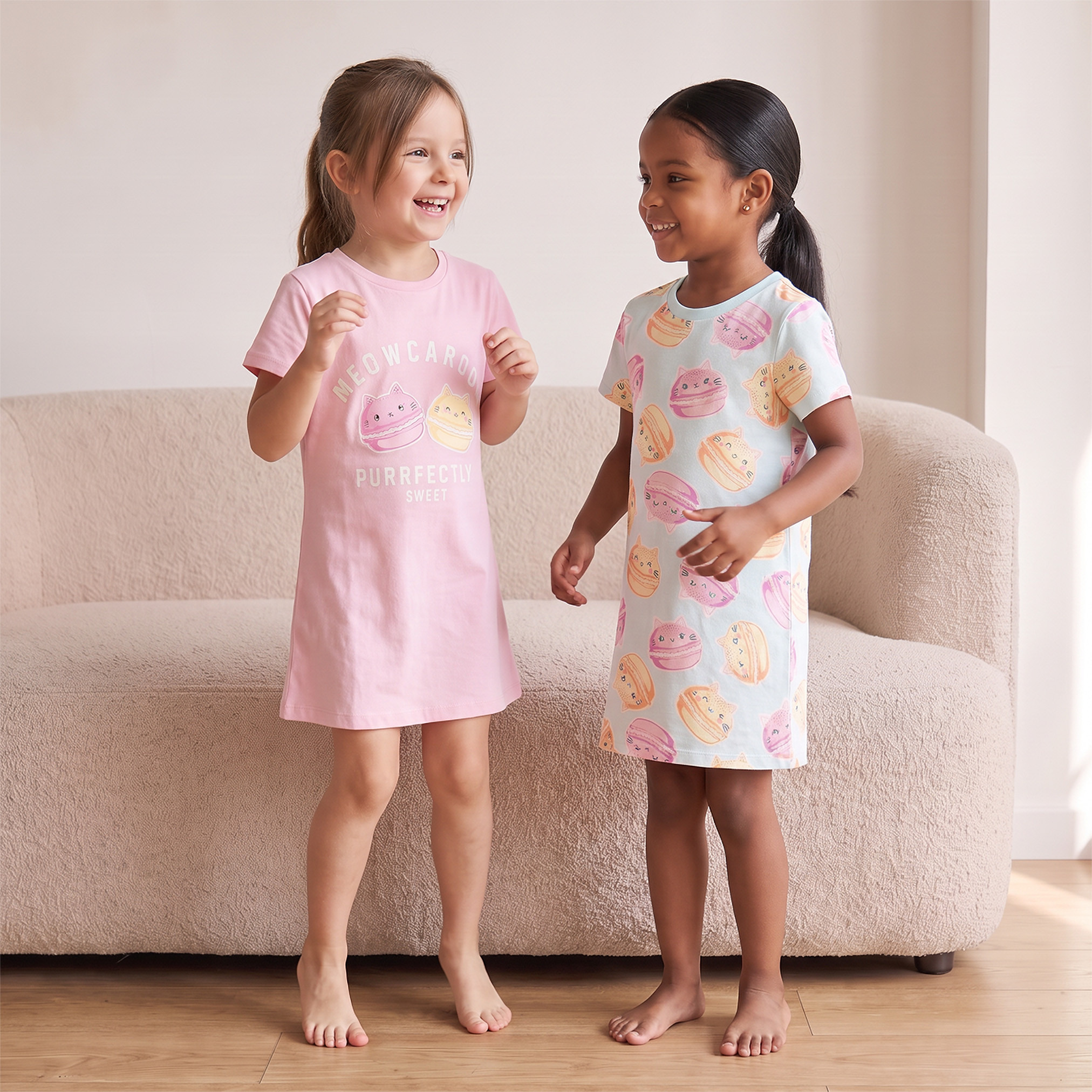 Pack of 2 Juniors Cotton Crew Neck Short Sleeves Night Dress with Macaron Print-girls-clothing-nightwear-image-1