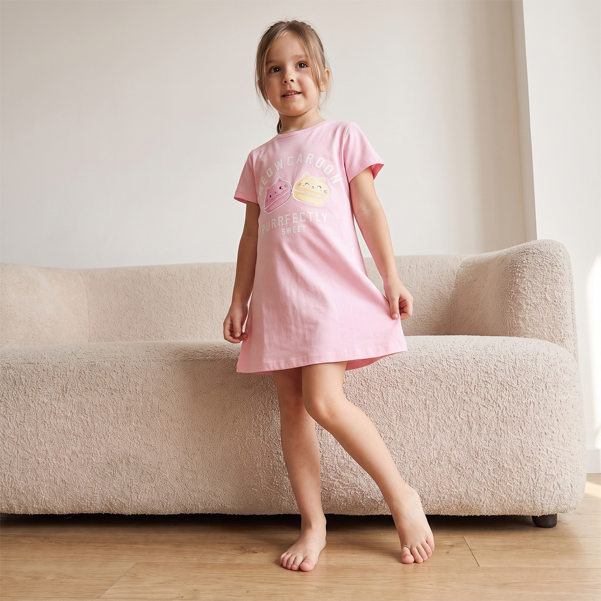 Pack of 2 Juniors Cotton Crew Neck Short Sleeves Night Dress with Macaron Print-girls-clothing-nightwear-image-10