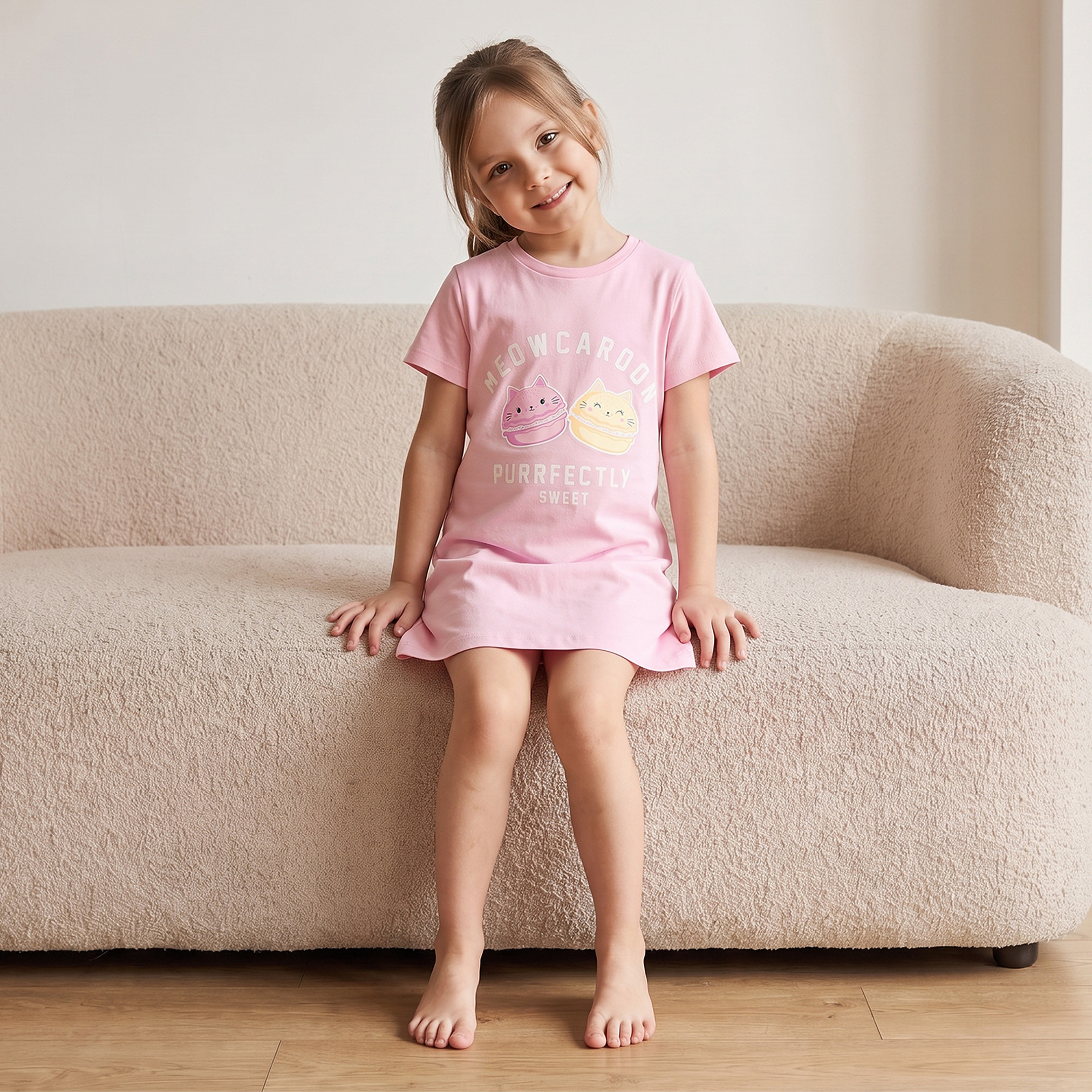 Pack of 2 Juniors Cotton Crew Neck Short Sleeves Night Dress with Macaron Print-girls-clothing-nightwear-image-3
