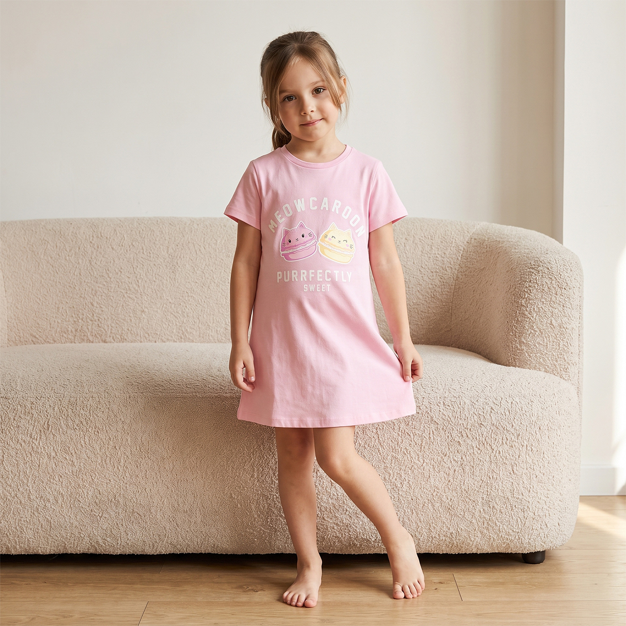 Pack of 2 Juniors Cotton Crew Neck Short Sleeves Night Dress with Macaron Print-girls-clothing-nightwear-image-4